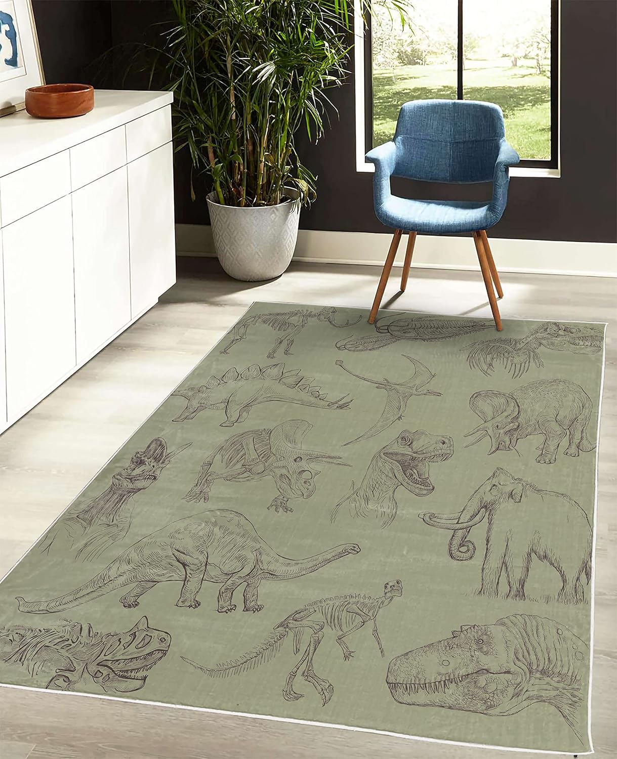 Ambesonne Jurassic – Alfombra decorativa, arreglo de varias ilustraciones de dinosaurios, esqueleto, biología histórica, alfombra de calidad para