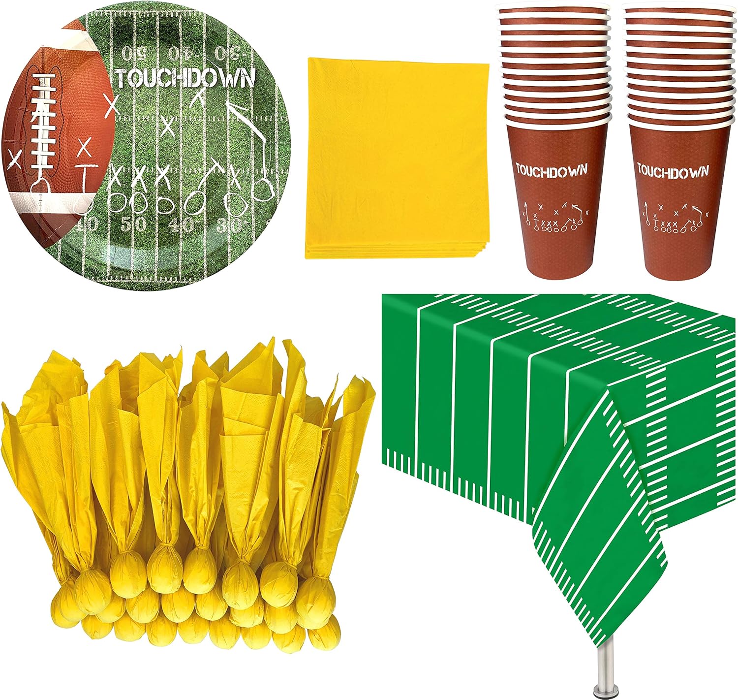 Island Genius Suministros y decoraciones para fiestas temáticas de fútbol 24 tazas de fiesta, 24 platos llanos de papel, 24 servilletas de papel con