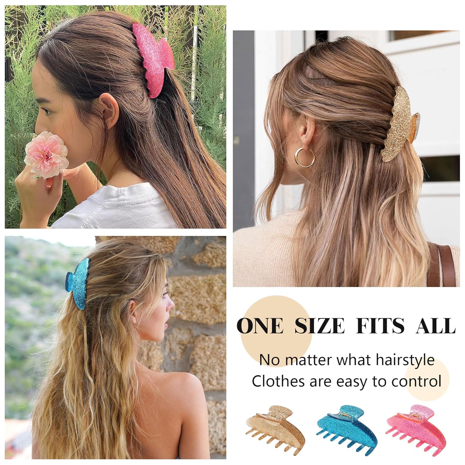 HAIMEIKANG 3 pinzas para el cabello para mujer, pinzas grandes de mármol de 4 pulgadas para cabello grueso y delgado, pinzas antideslizantes de