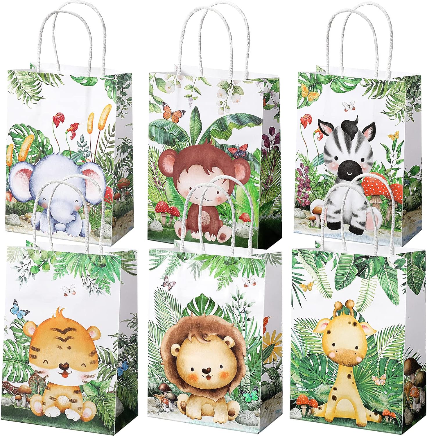 TaoBary Bolsas de regalo de animales con asas, león, tigre, elefante, mono, jirafa, bolsas de regalo para niños, fiesta temática de safari,