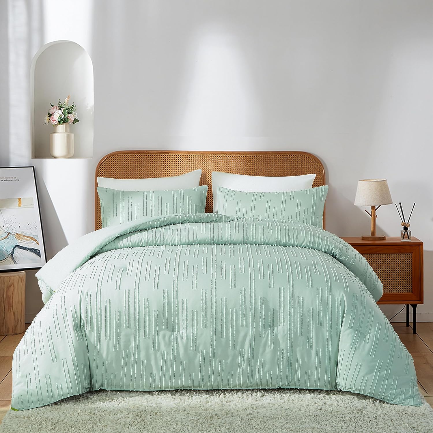 Juego de edredón de tamaño Queen de color verde salvia, para cama Queen, estilo rústico, bohemio, esponjoso, ligero, con flores, plantas, para todas