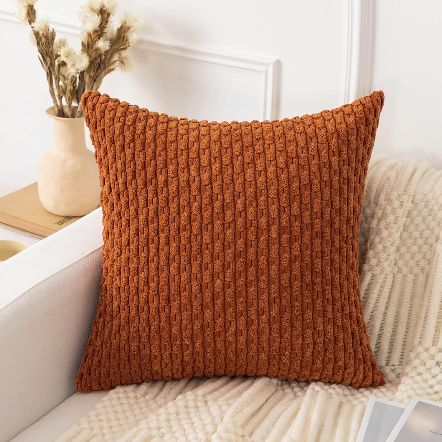 UGASA – Funda de almohada decorativa de pana suave de 26 x 26 pulgadas, estilo bohemio, a rayas, decoración moderna del hogar para sofá, sala de