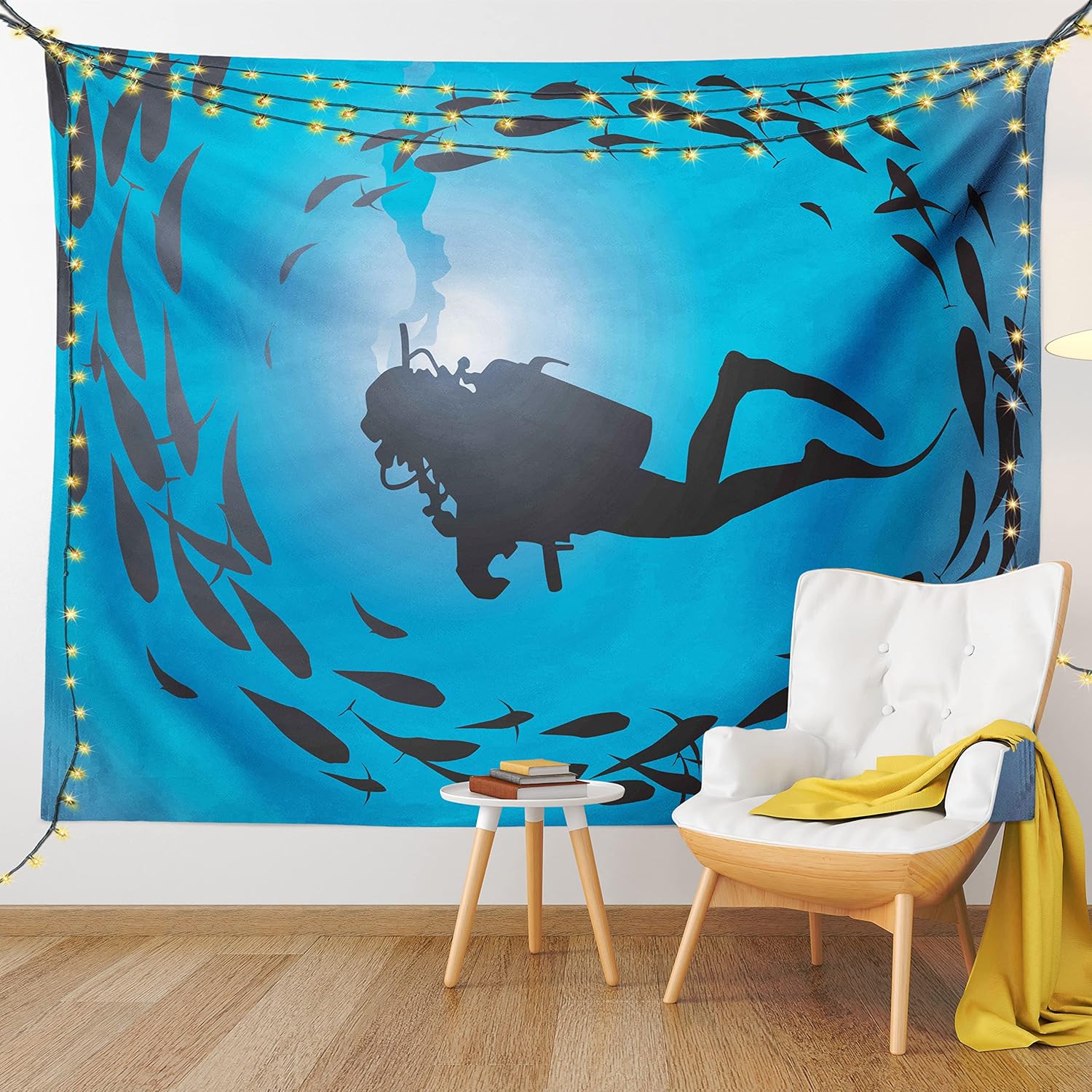 Ambesonne Tapiz bajo el mar, buceador rodeado de jamba de peces, esnórquel acuático Aqualung, colgante de pared ancho para dormitorio, sala de