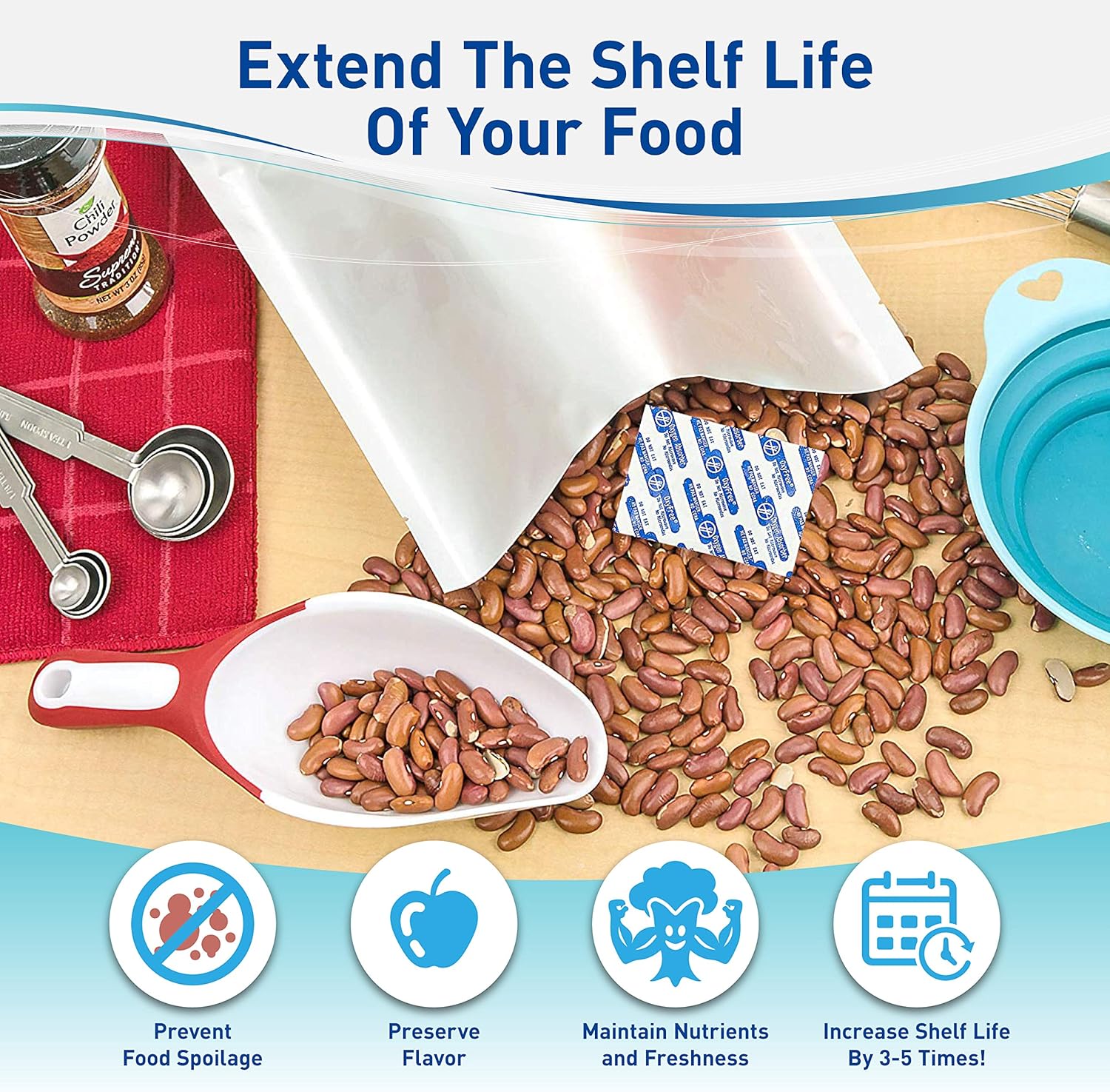 OxyFree Absorbentes de oxígeno para bolsas Mylar o bolsas selladoras al vacío para almacenamiento de alimentos (300 cc – cantidad 50)
