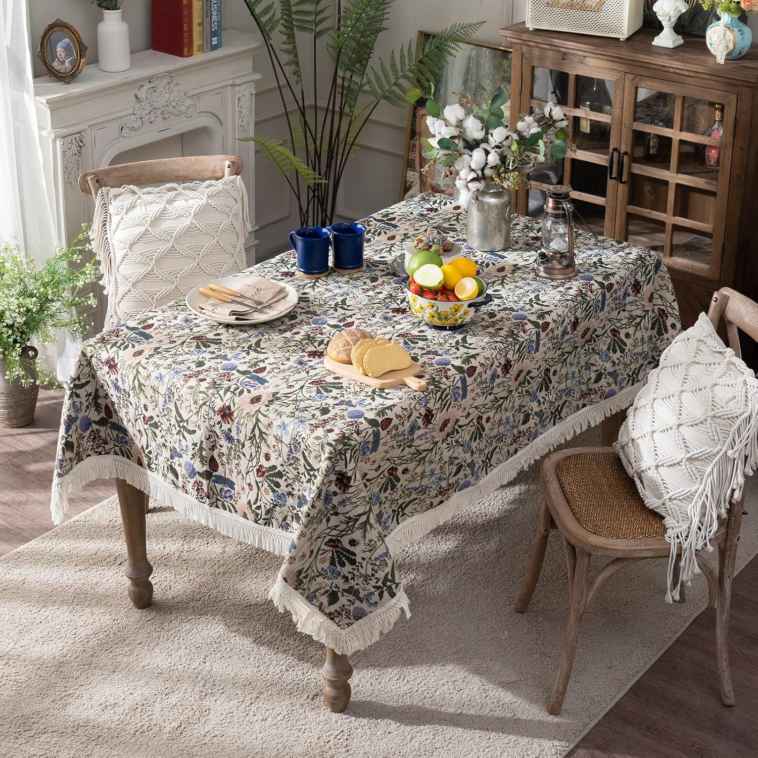 SUTAVIA Mantel floral francés hecho a mano de tela de algodón con encaje vintage con patrón de jardín de bayas de mesa, manta multiusos para el
