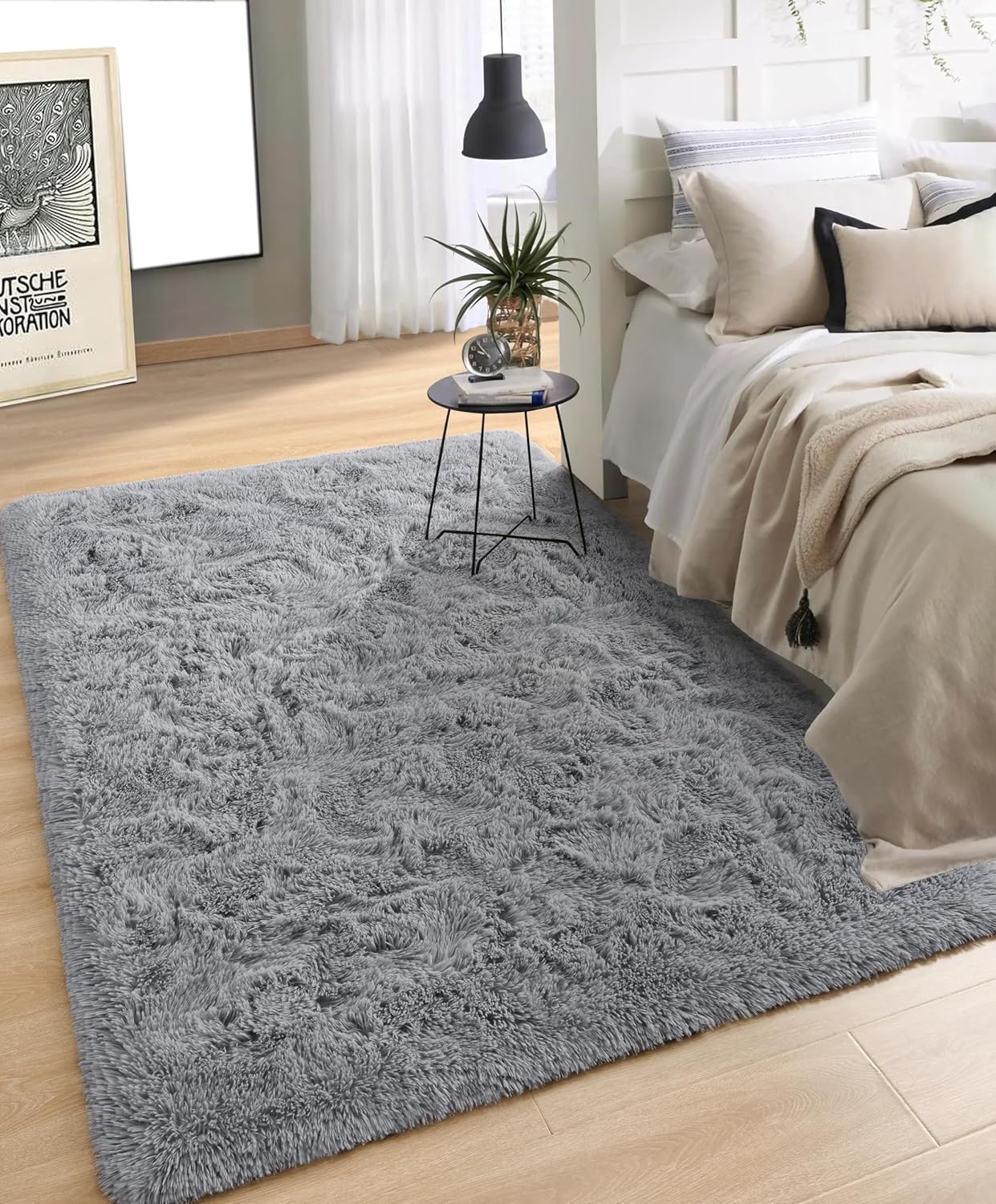 Alfombra de dormitorio gris de 4 x 6 pies, esponjosa para dormitorio, alfombra suave, alfombra de área grande, alfombra lavable y antideslizante,