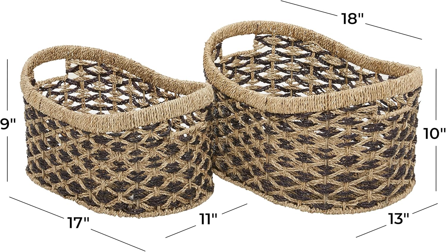 Deco 79 Seagrass – Cesta de almacenamiento hecha a mano de dos tonos con asas, juego de 2 10 pulgadas, 9 pulgadas de alto, color marrón