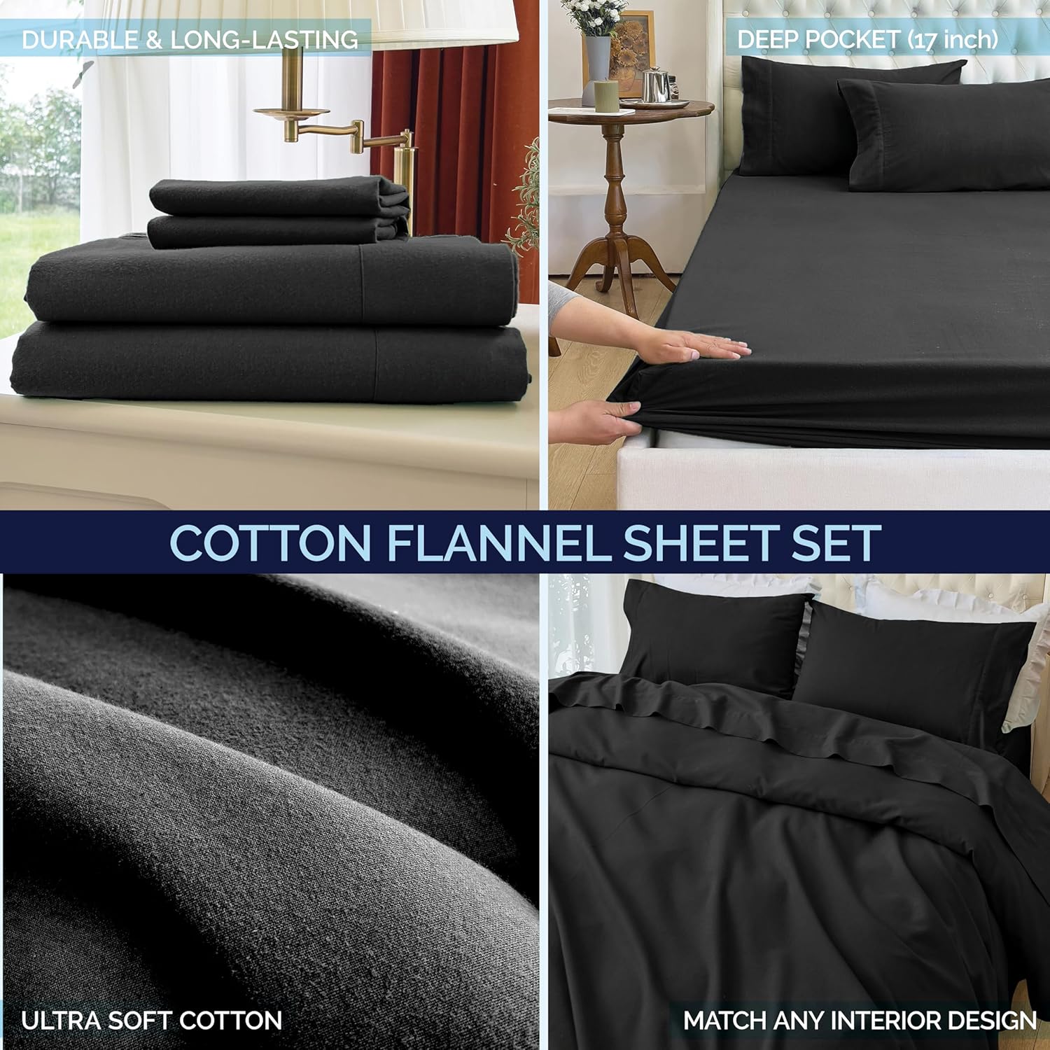 Elegant Comfort Juego de sábanas suaves de franela de 100% algodón turco, 4 piezas, calidad premium, sábana bajera con bolsillo profundo, ultra