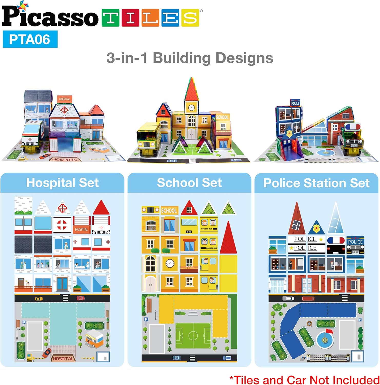 PicassoTiles Juego de 80 piezas para escuela, hospital, estación de policía 3 en 1, imán temático autoadhesivo con parte trasera adhesiva,