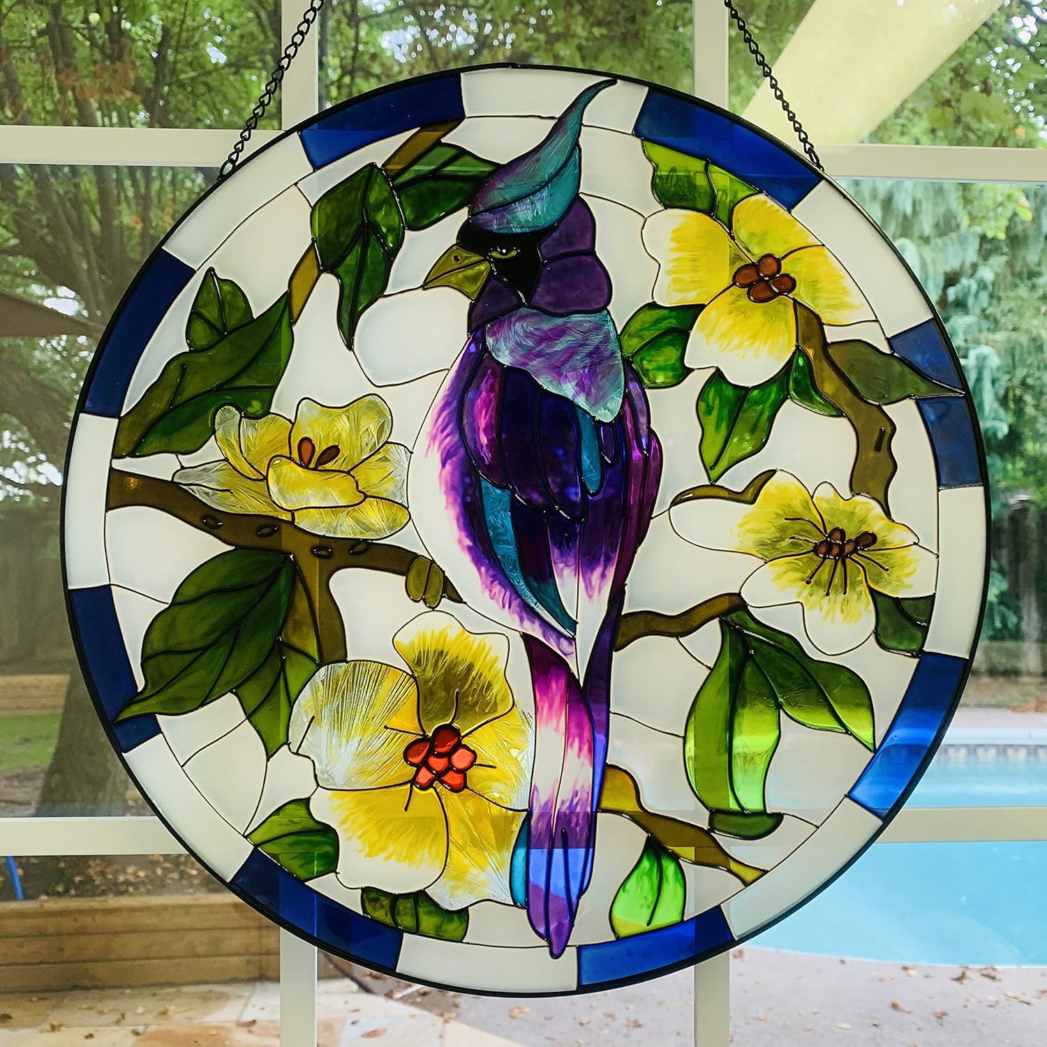 Lio’s Art Panel decorativo para colgar ventanas de vidrieras pintadas  Redondo grande de 10 pulgadas  Arte hecho a mano con cardenal de loro pájaro