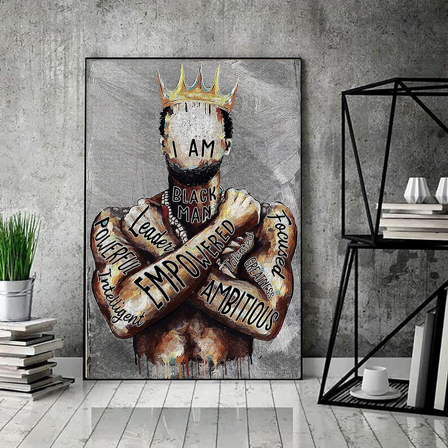 Arte de pared de hombre negro, póster de hombre afroamericano con texto en inglés “I Am Empowered King”, frases motivacionales, retrato de hombre