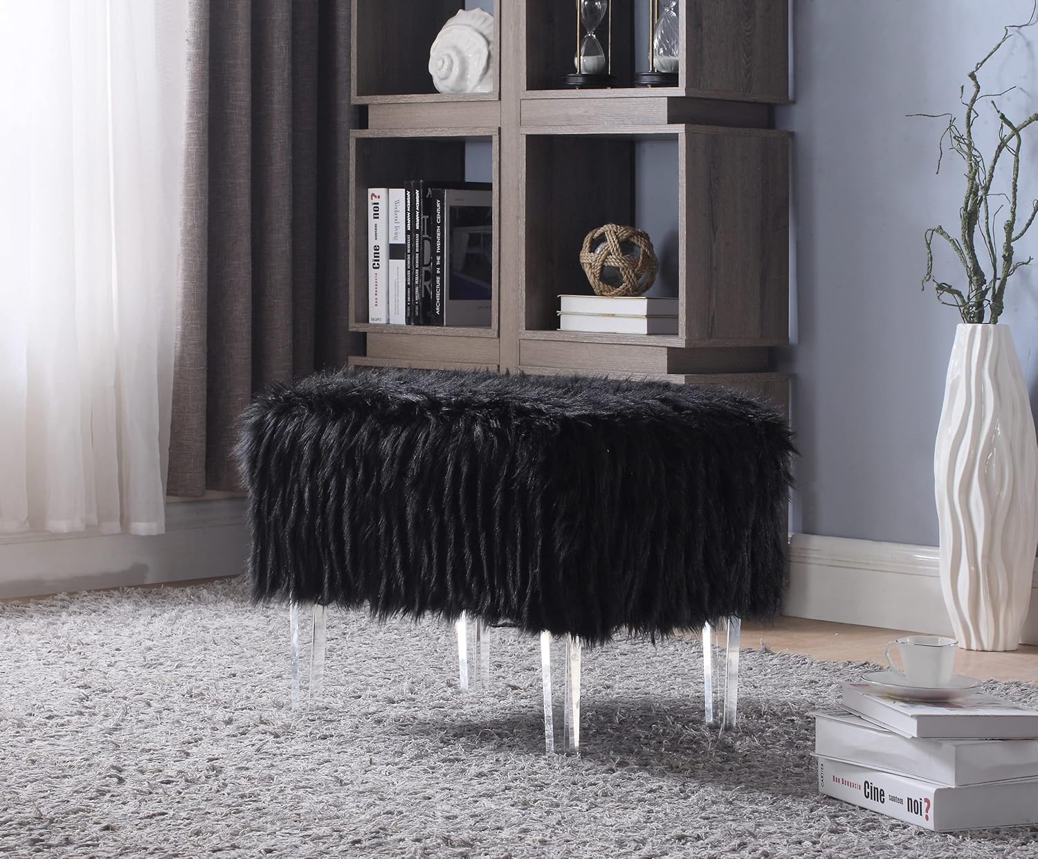Fiorino – Otomana moderna y contemporánea de piel sintética con patas acrílicas, color negro