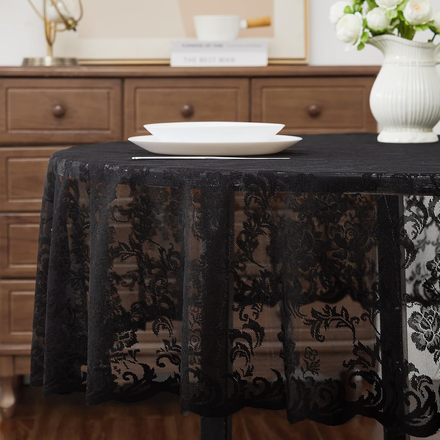 WARM HOME DESIGNS Mantel para el Día de la Madre. Mantel redondo negro de 70 pulgadas. Elegante mantel de encaje para mesas redondas con diseño