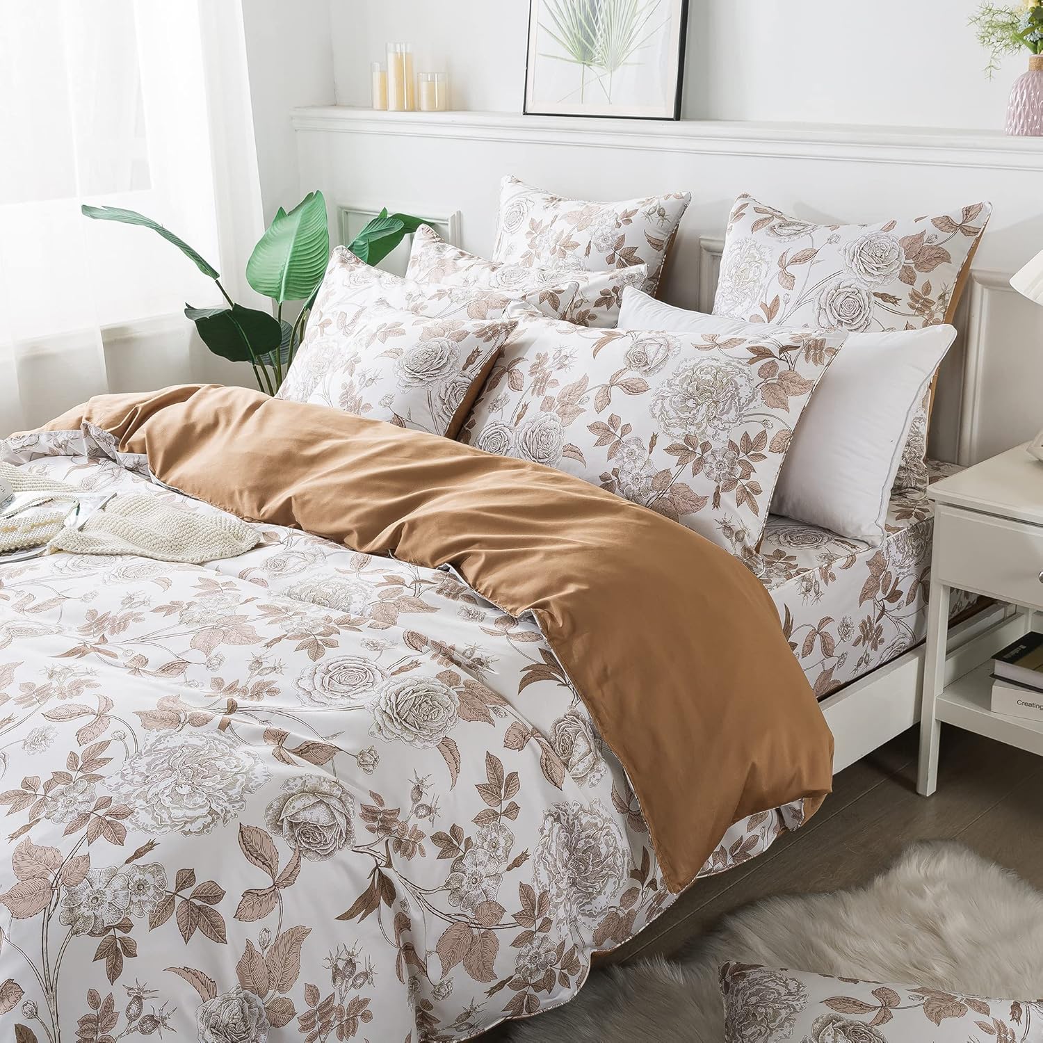 FADFAY Juego de funda de edredón de rosa desgastada, tamaño individual XL, ropa de cama floral vintage blanca y marrón, elegante juego de funda de