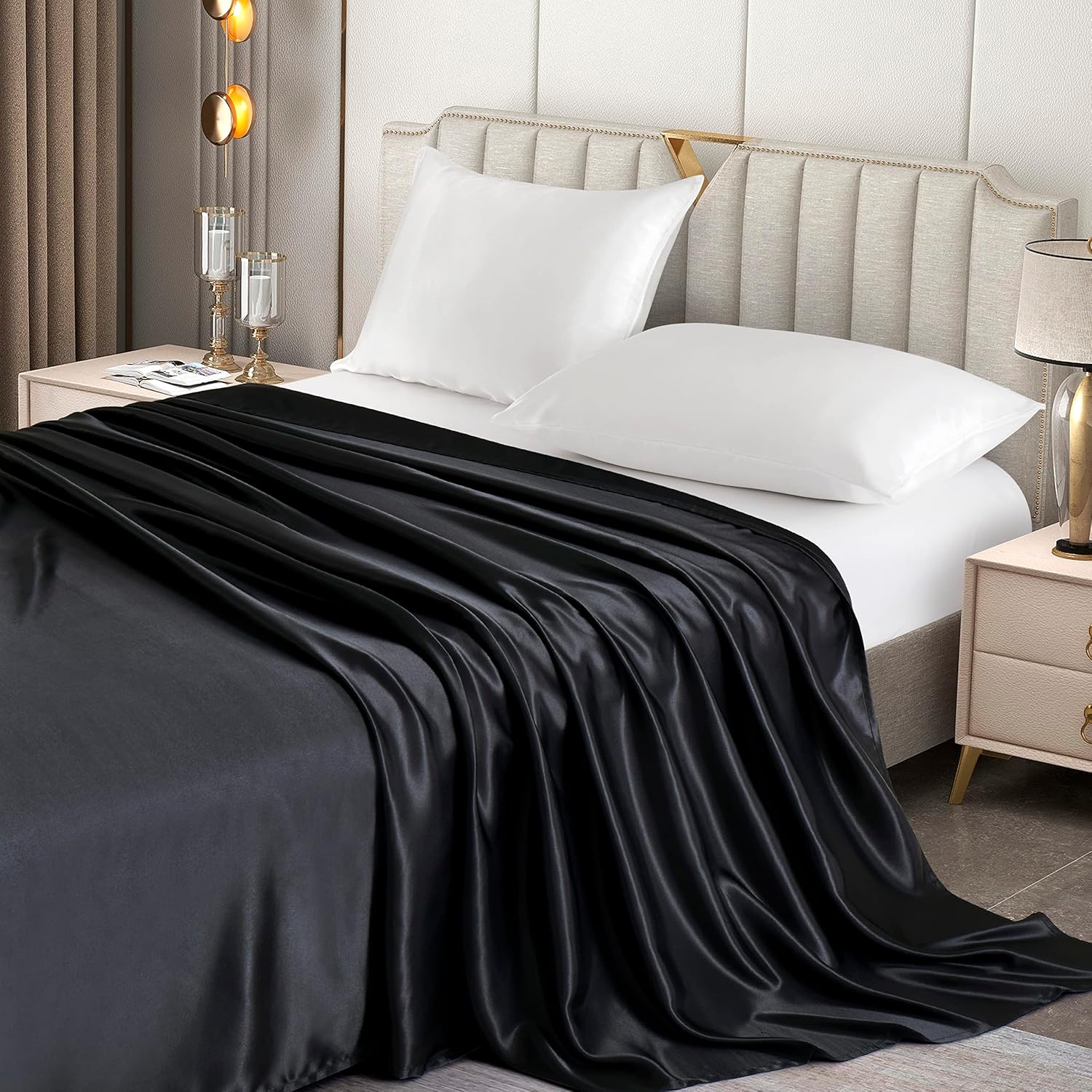 Sábana encimera de satén tamaño King, lujosa y sedosa sábana de cama suave, color negro