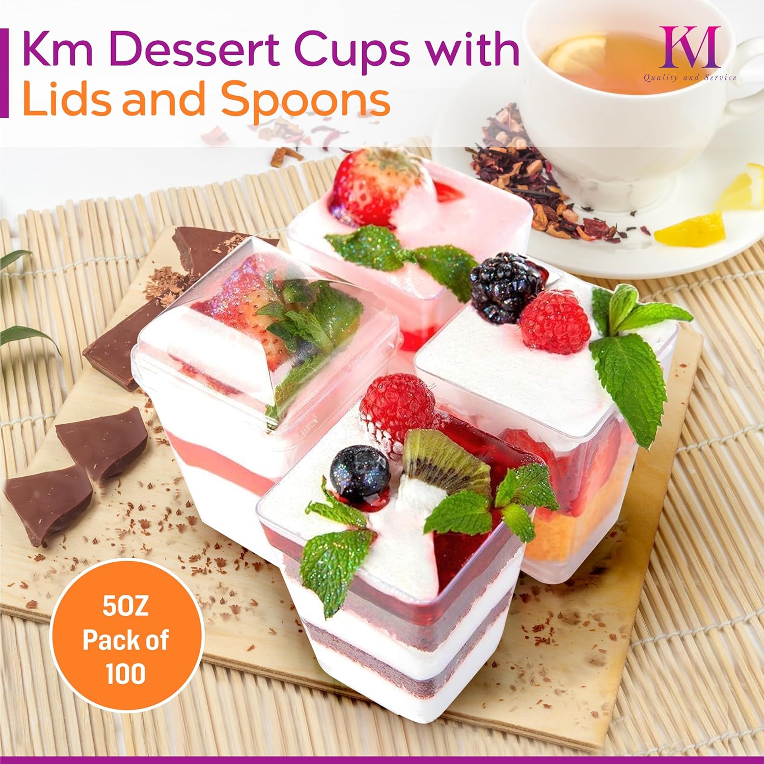 Km Vasos de postre con tapas y cucharas de 5 onzas, paquete de 100 vasos transparentes, vasos de plástico para parfait, cuencos de aperitivo de