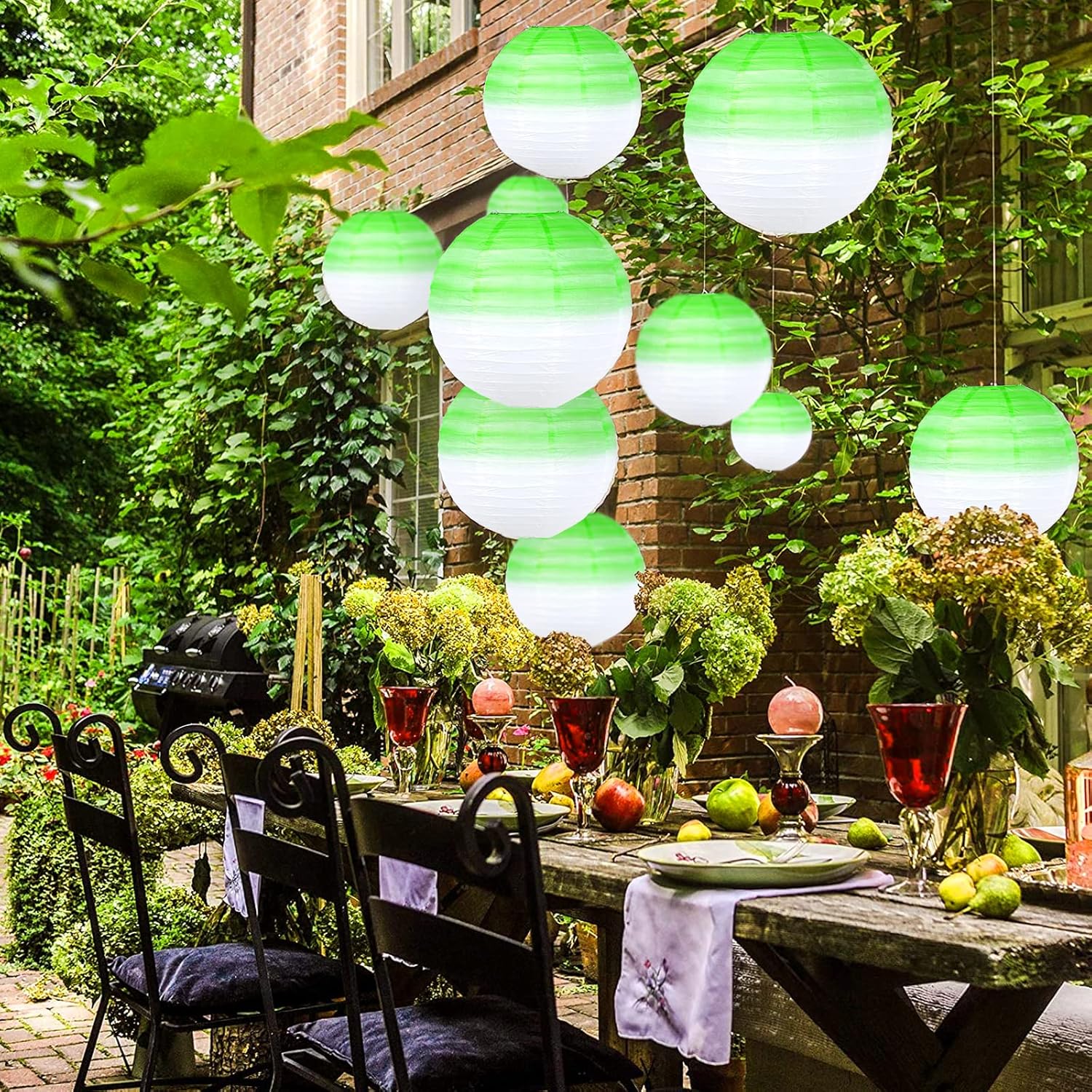 KAXIXI Faroles de papel colgantes de 10 pulgadas, linternas chinas japonesas con degradado verde, suministros de fiesta para bodas, graduaciones,