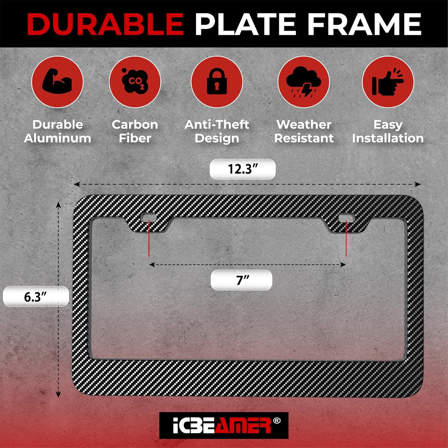ICBEAMER Marcos de placa de fibra de carbono negra, 2 agujeros de tornillo preperforados con kit de instalación, ajuste universal, seguro para