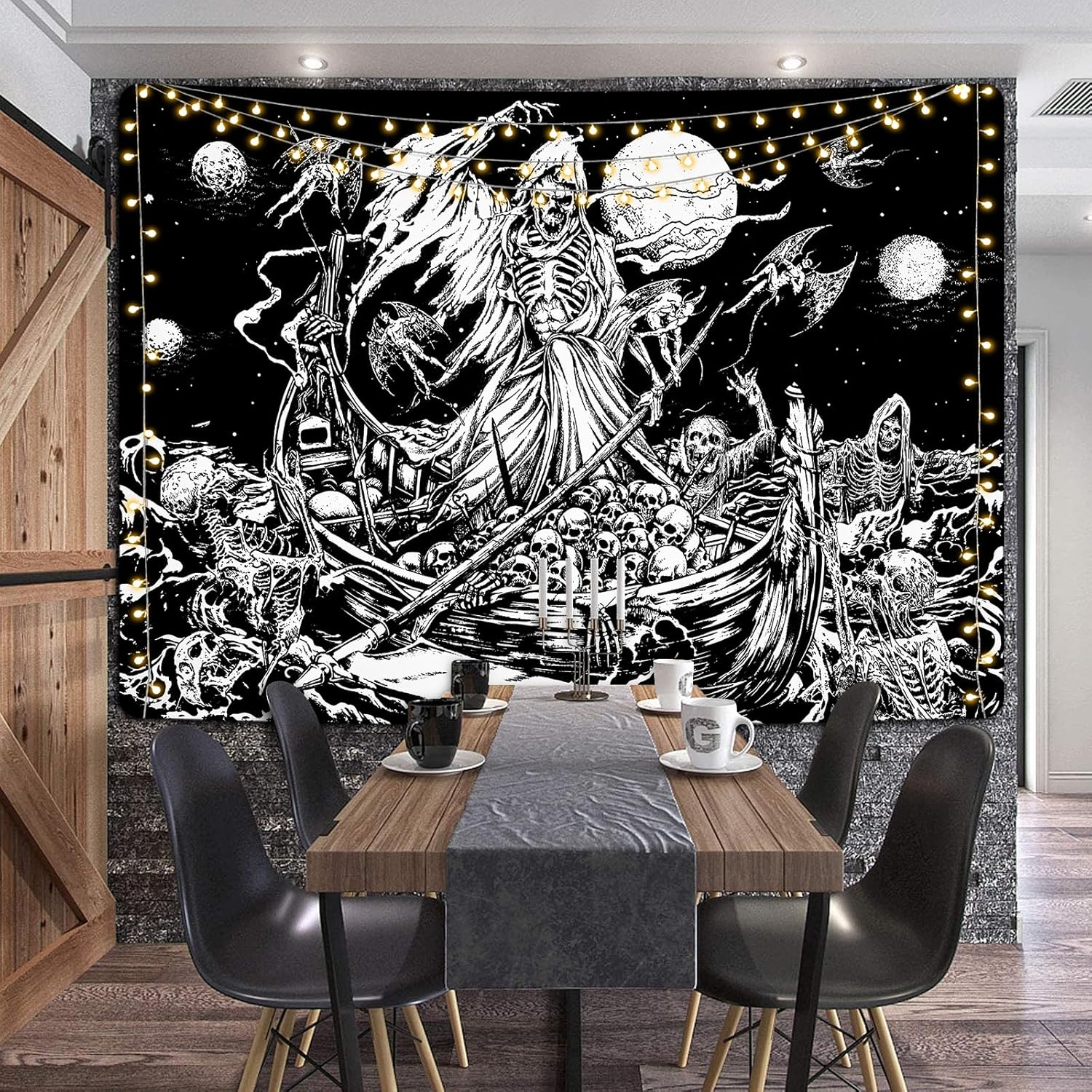 Krelymics Tapiz de calavera de terror, murciélago de terror, tapiz de barco de remo en blanco y negro, tapiz de esqueleto, tapiz gótico, tapiz