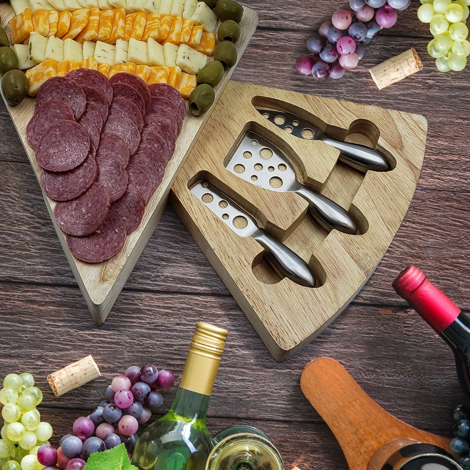Juego de tablas de queso de madera de goma, plato de charcutería con juego de cubiertos, perfecto para cumpleaños, inauguración de la casa y regalos