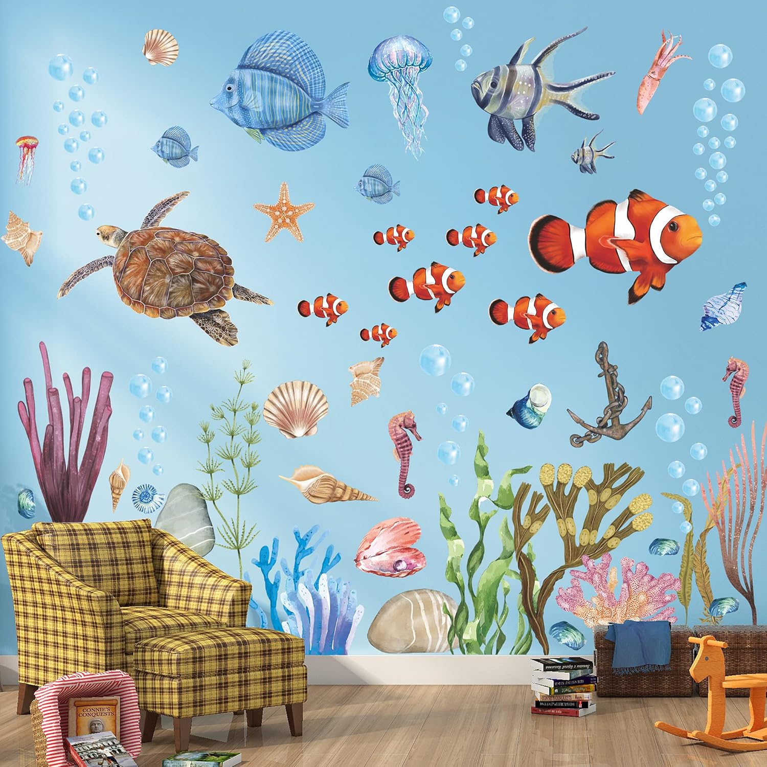 RW-1045 – Calcomanías de pared de animales marinos submarinos 3D, calcomanías de pared de animales marinos submarinos, bricolaje, peces corales,