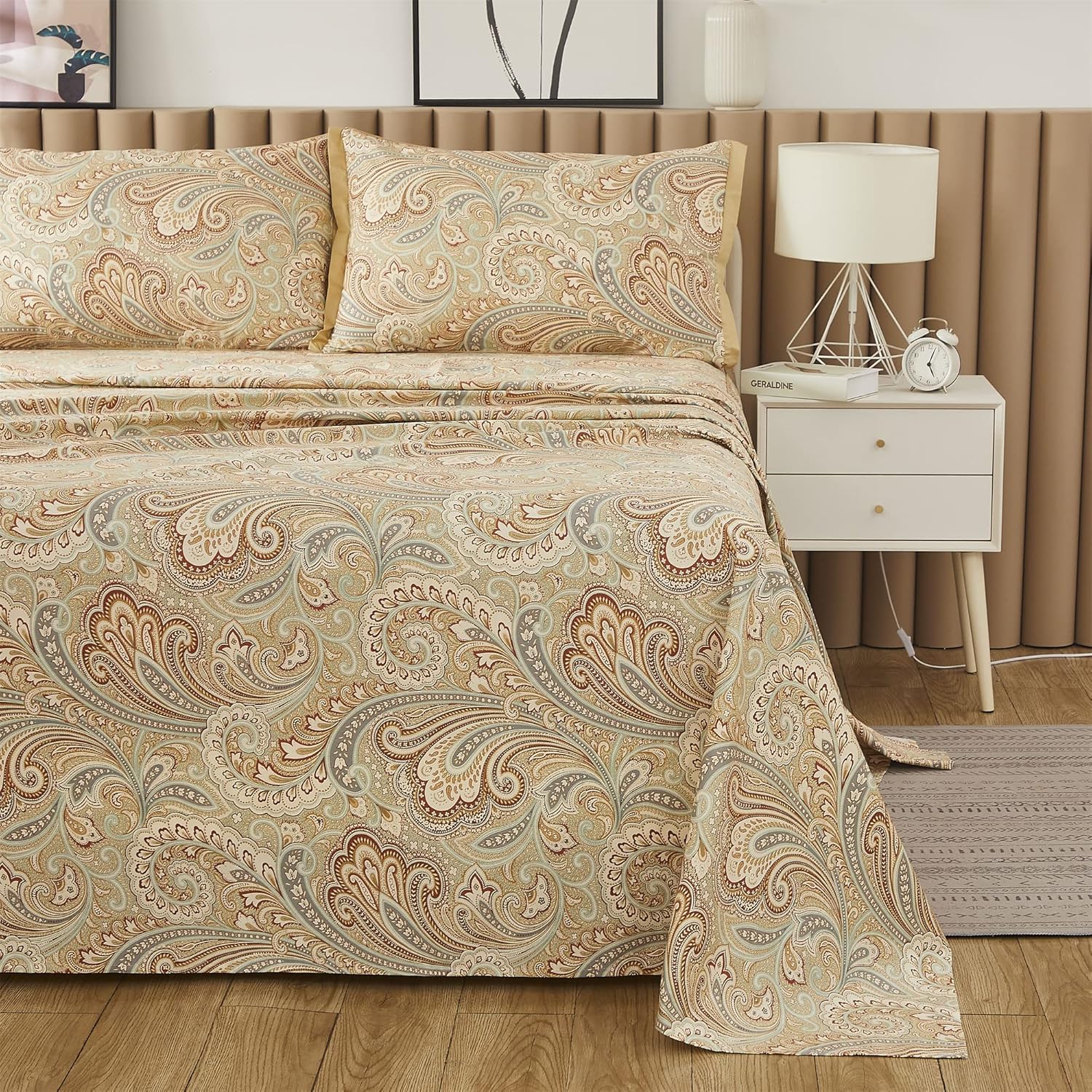 ABREEZE Juego de sábanas de lujo 100% algodón natural puro, juego de ropa de cama de 4 piezas con estampado de cachemira dorada, calidad de hotel,