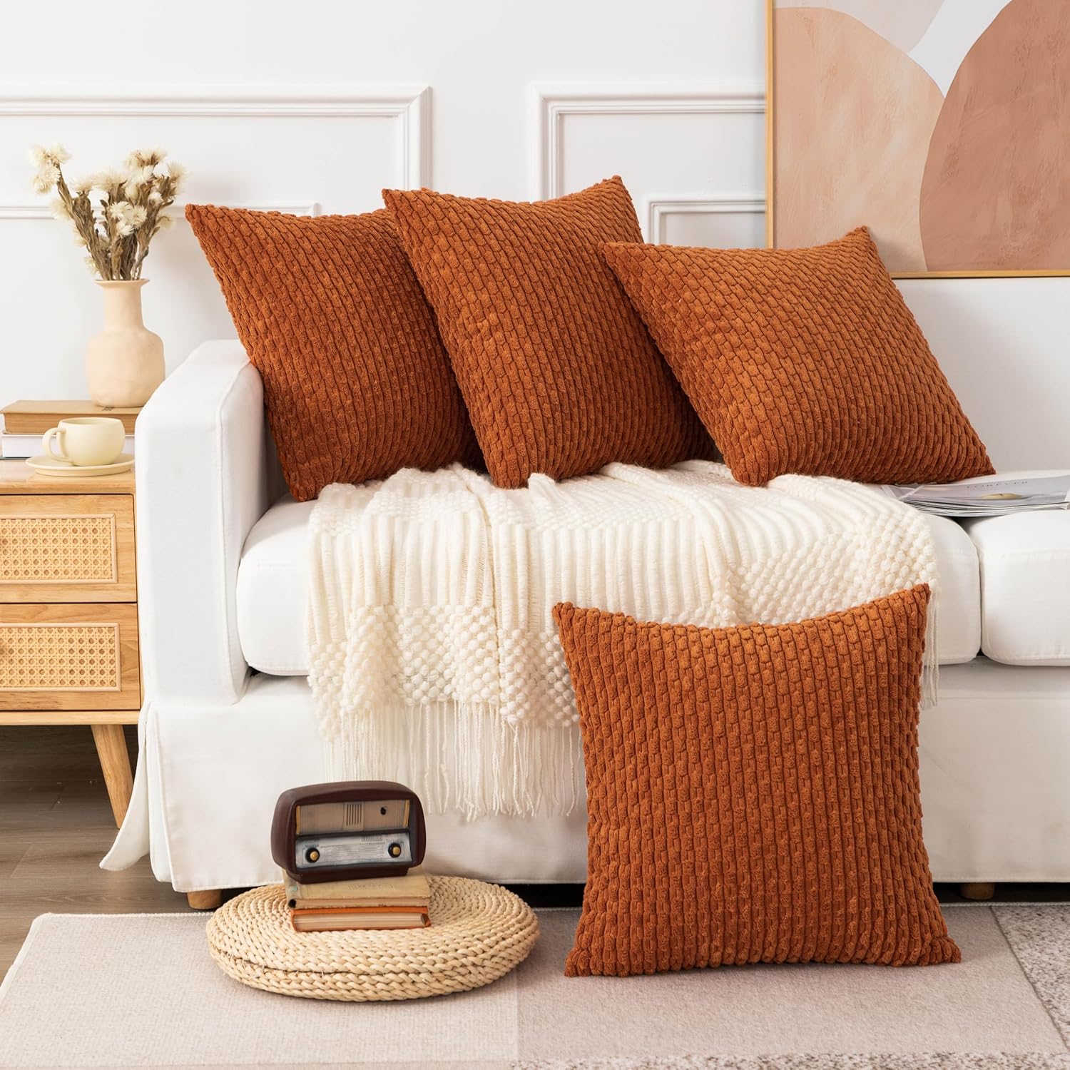 UGASA – Funda de almohada decorativa de pana suave de 26 x 26 pulgadas, estilo bohemio, a rayas, decoración moderna del hogar para sofá, sala de