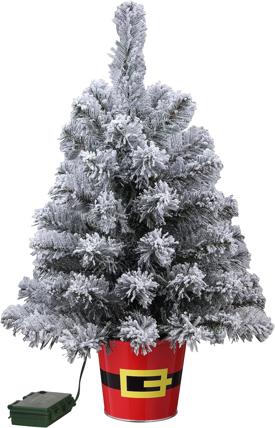 Haute Decor Árbol de 20 pulgadas en maceta Night Night en maceta de metal rojo con cinturón de Papá Noel (nevado con luces transparentes) – Árbol de