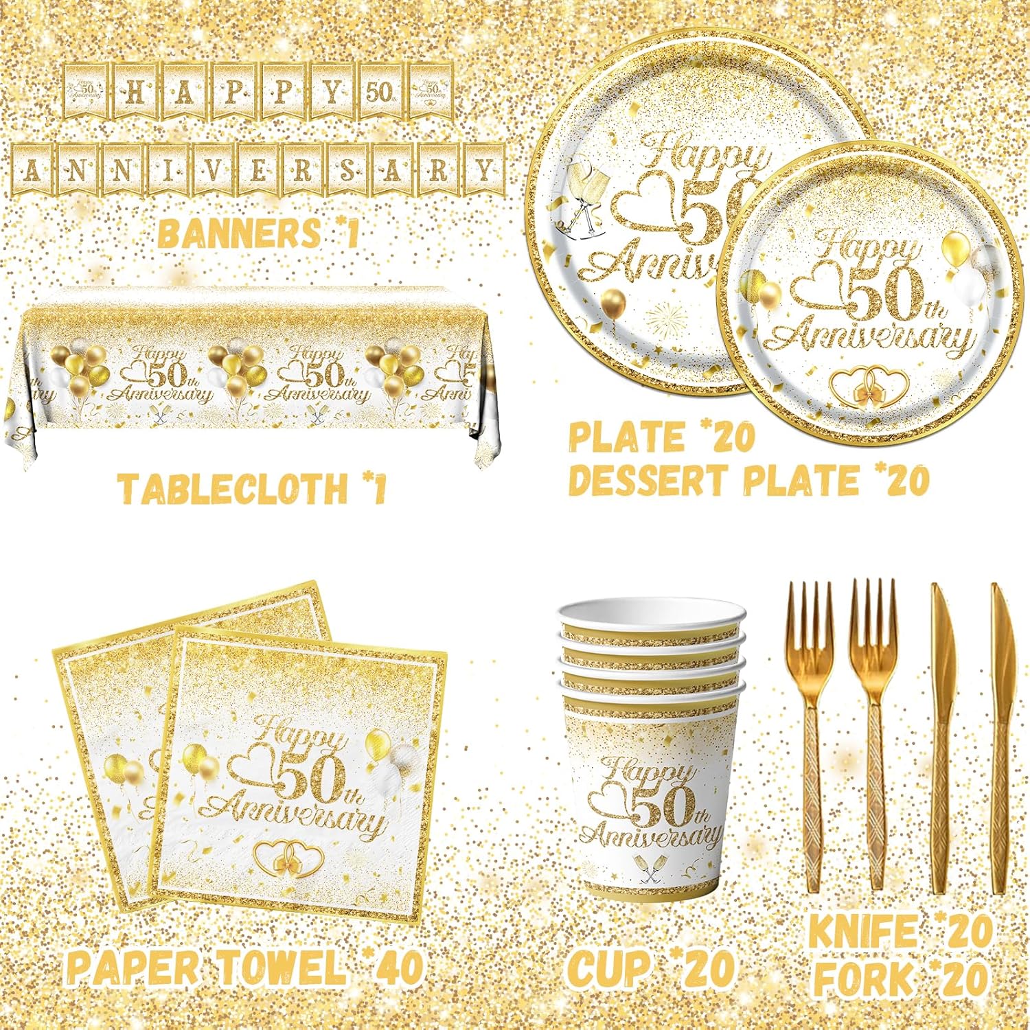 Dydamud Decoraciones de aniversario de boda, el juego de vajilla de feliz aniversario del 50 aniversario incluye platos y servilletas con purpurina