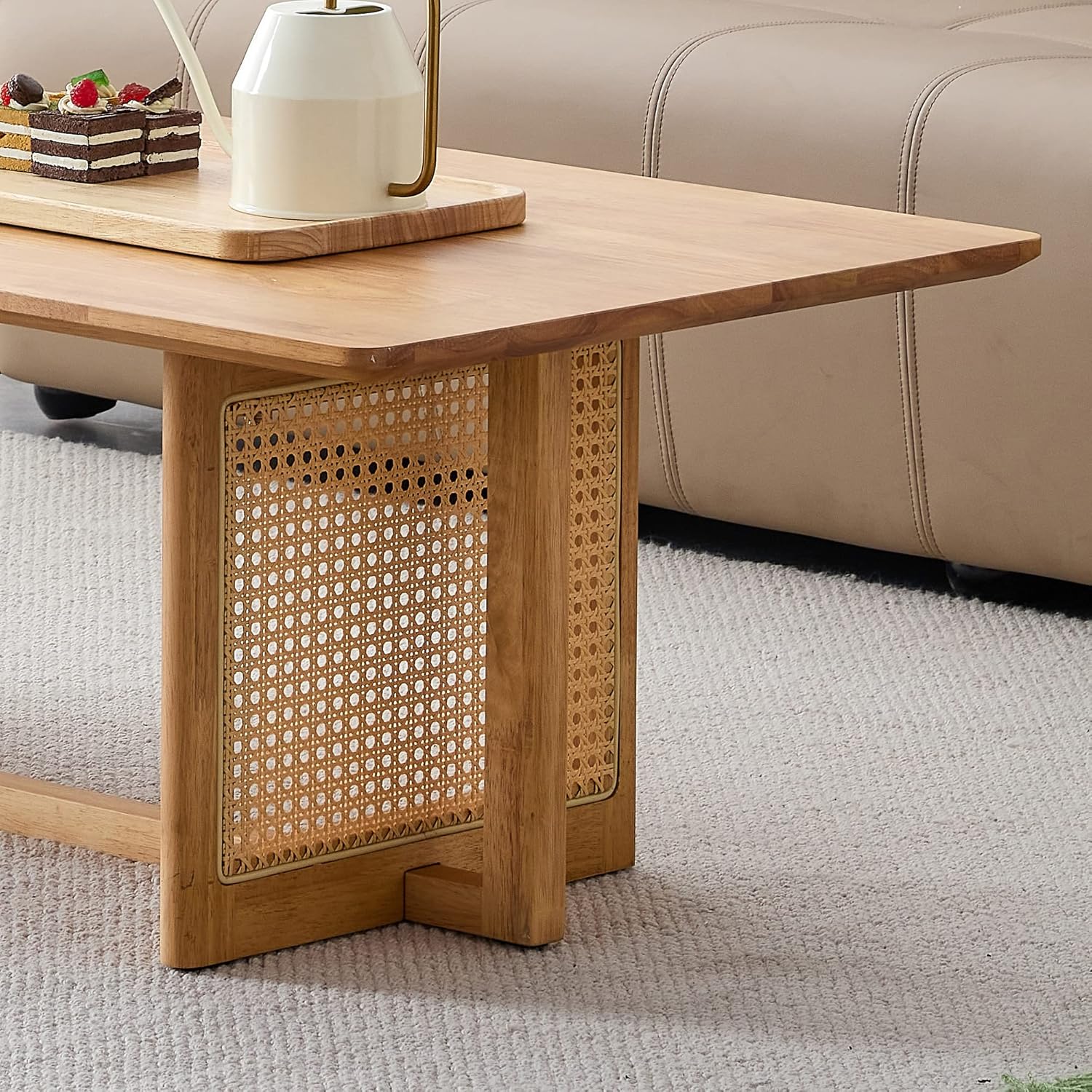 TesNus Mesa de centro de madera maciza para sala de estar, mesa auxiliar rectangular bohemia con parte superior de madera y patas inspiradas en