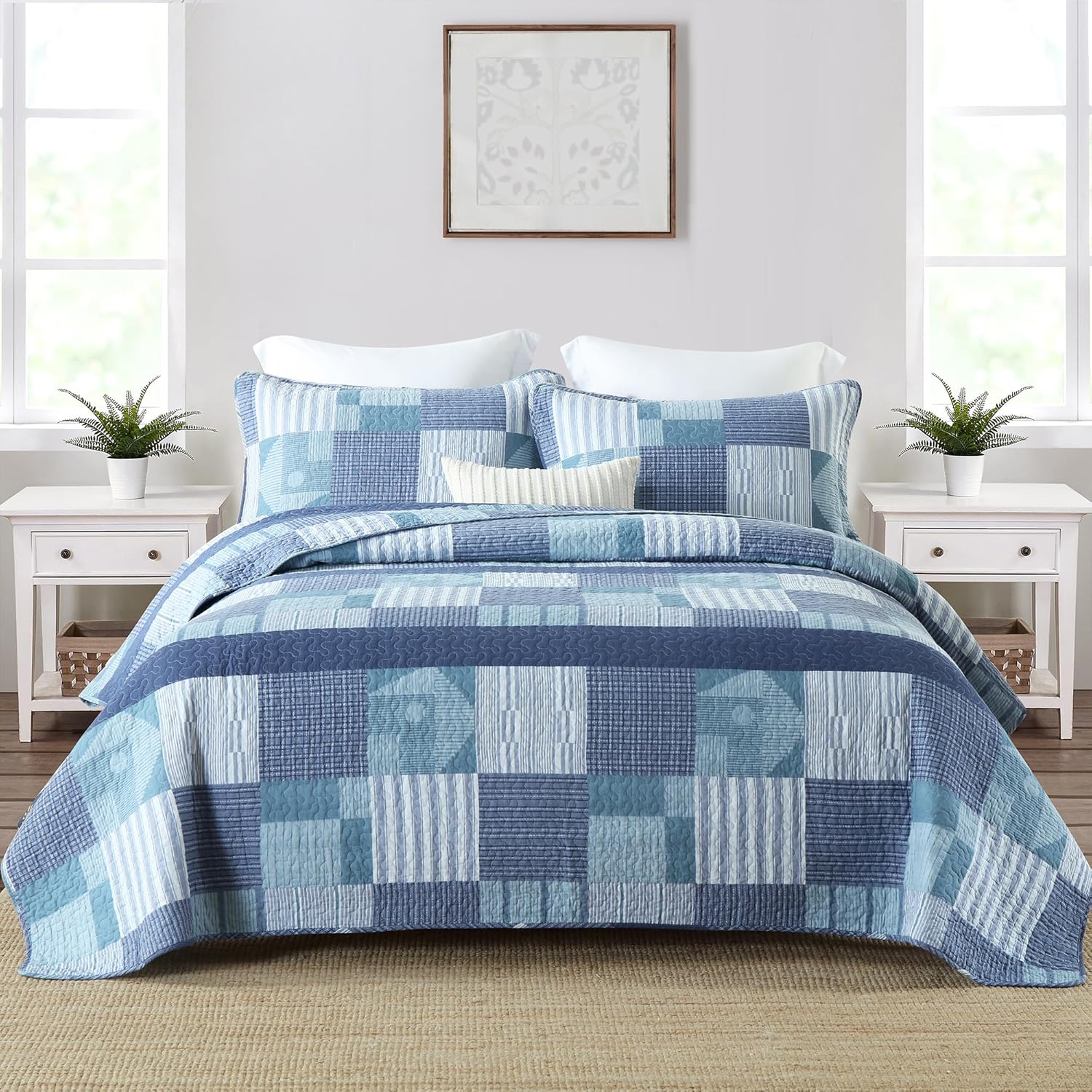 Homzard Juego de edredón de tamaño Queen – Juego de edredón 100% algodón a cuadros azules, juego de ropa de cama tamaño Queen, colcha ligera de