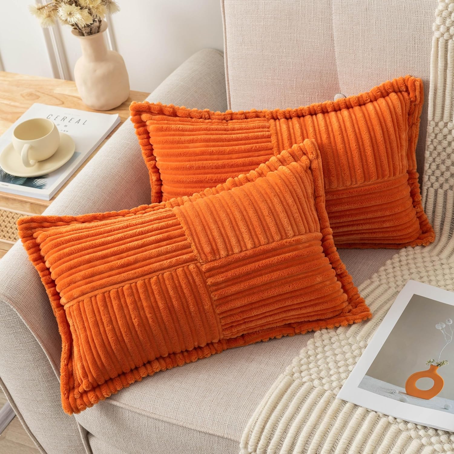 UGASA – Juego de 2 fundas de almohada de pana súper suave con textura de rayas para otoño, fundas de cojín decorativas con costado ancho para casa