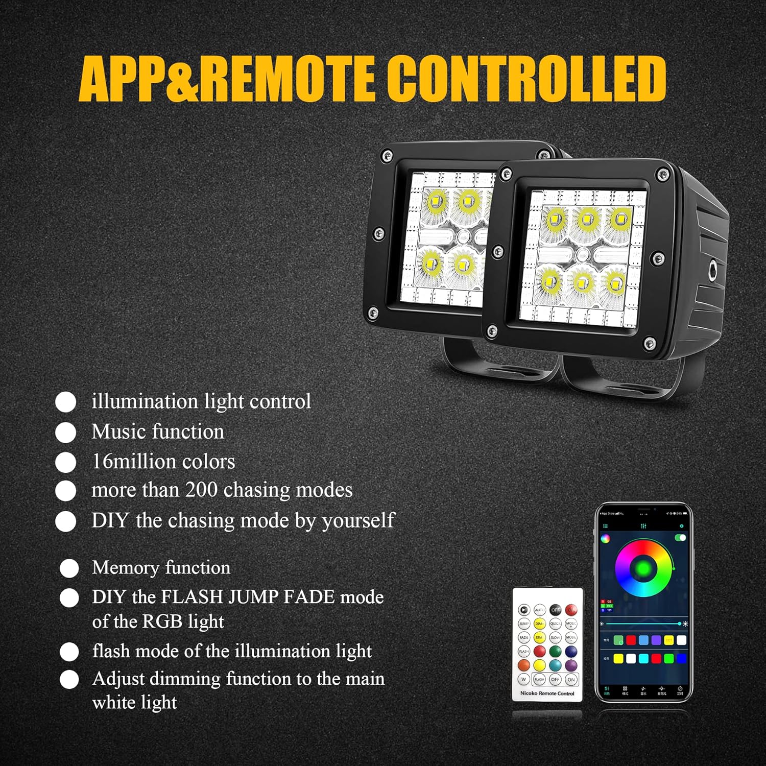 Nicoko Luces LED blancas de 3 pulgadas y 18 W, luz de trabajo LED blanca con 200 millones de anillos de halo de persecución RGB, multicolor,