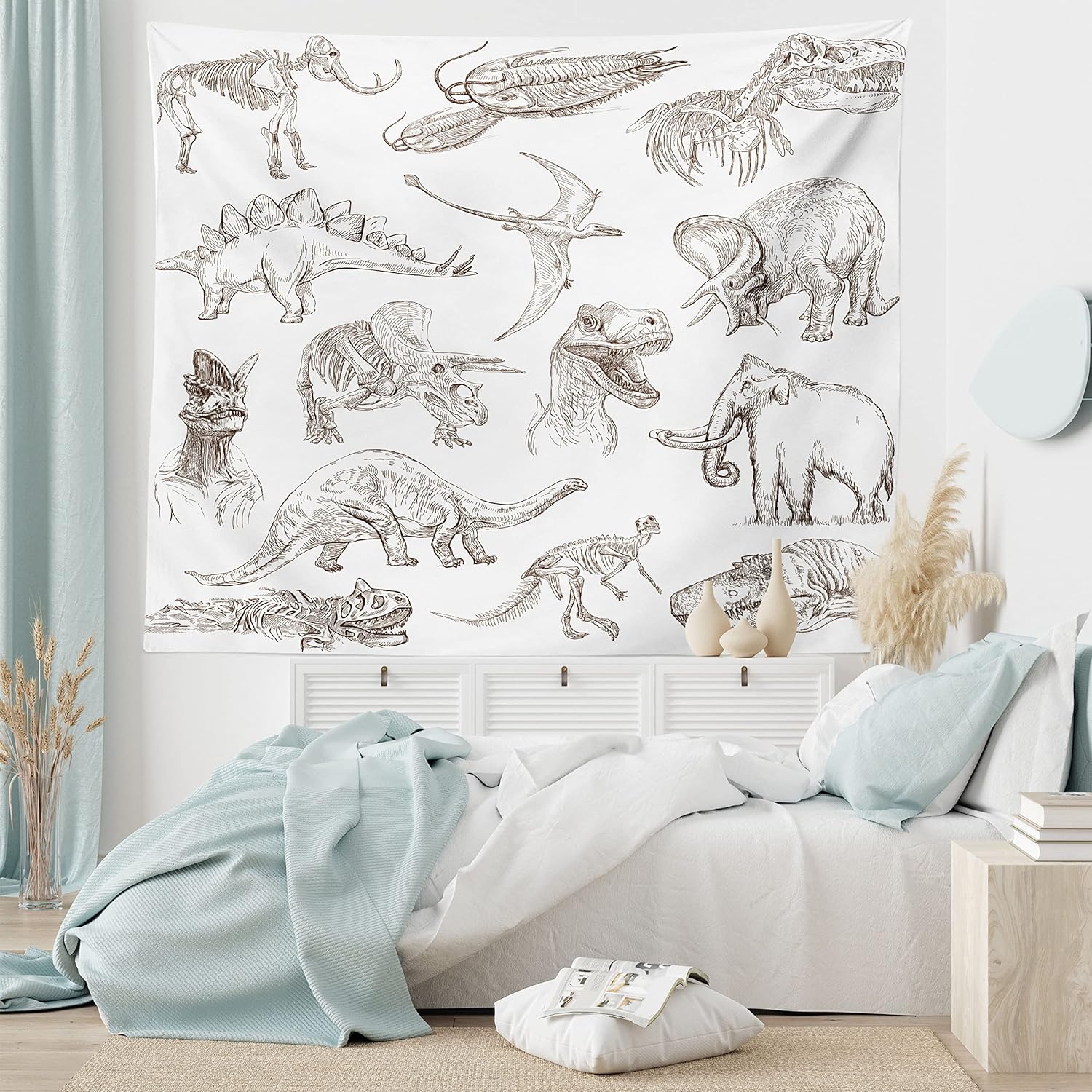 Ambesonne Tapiz jurásico, arreglo de varios dinosaurios, ilustraciones de esqueleto biología histórica, colgante de pared ancho para dormitorio,
