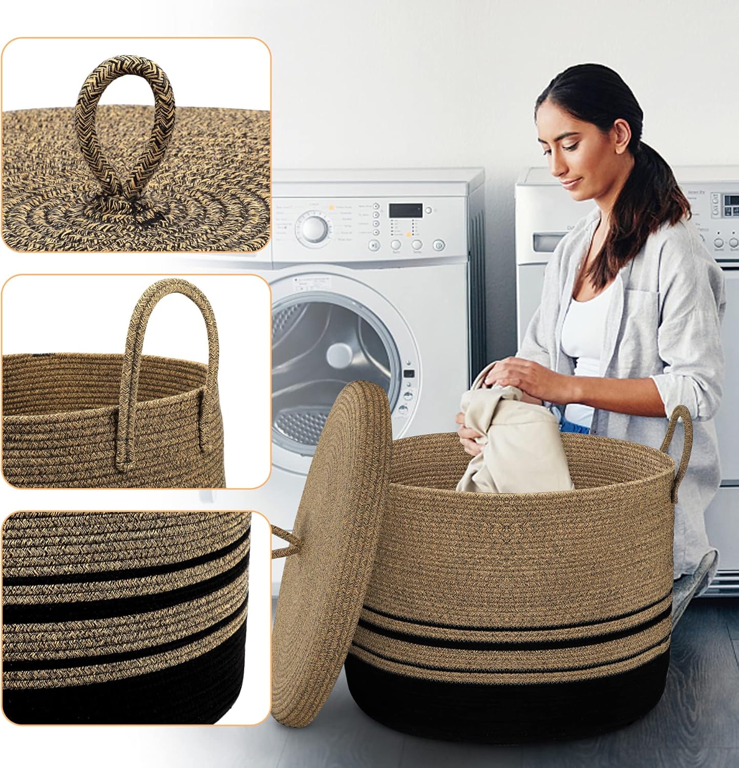 Cesta de cuerda grande de 20.5 x 14.5 pulgadas con tapa, cesta de almacenamiento tejida para ropa sucia para bebé, canasta decorativa de juguetes