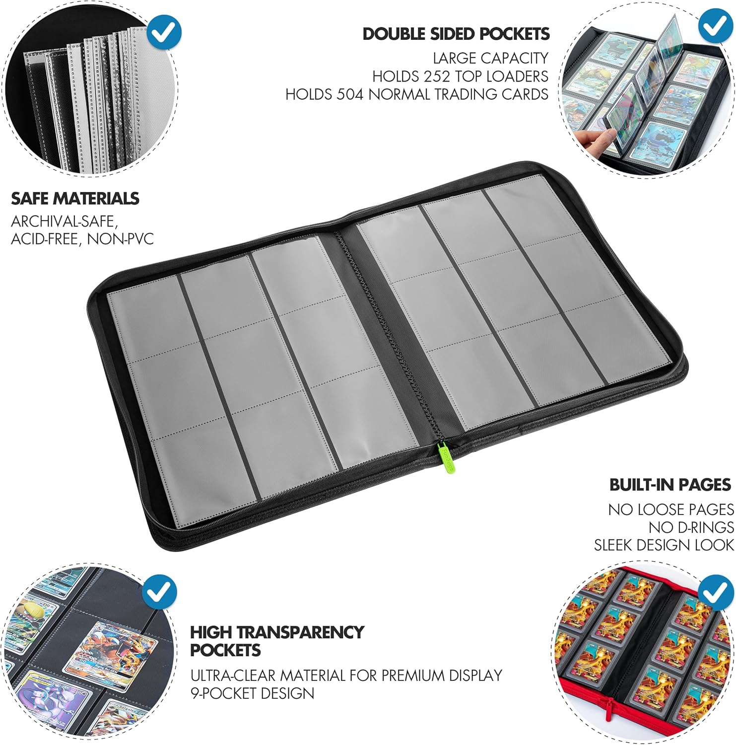 Carpeta Toploader para tarjetas coleccionables, paquete de 2 carpetas, carpeta de 9 bolsillos, carpeta de 252 cargadores superiores, 504 carpetas de