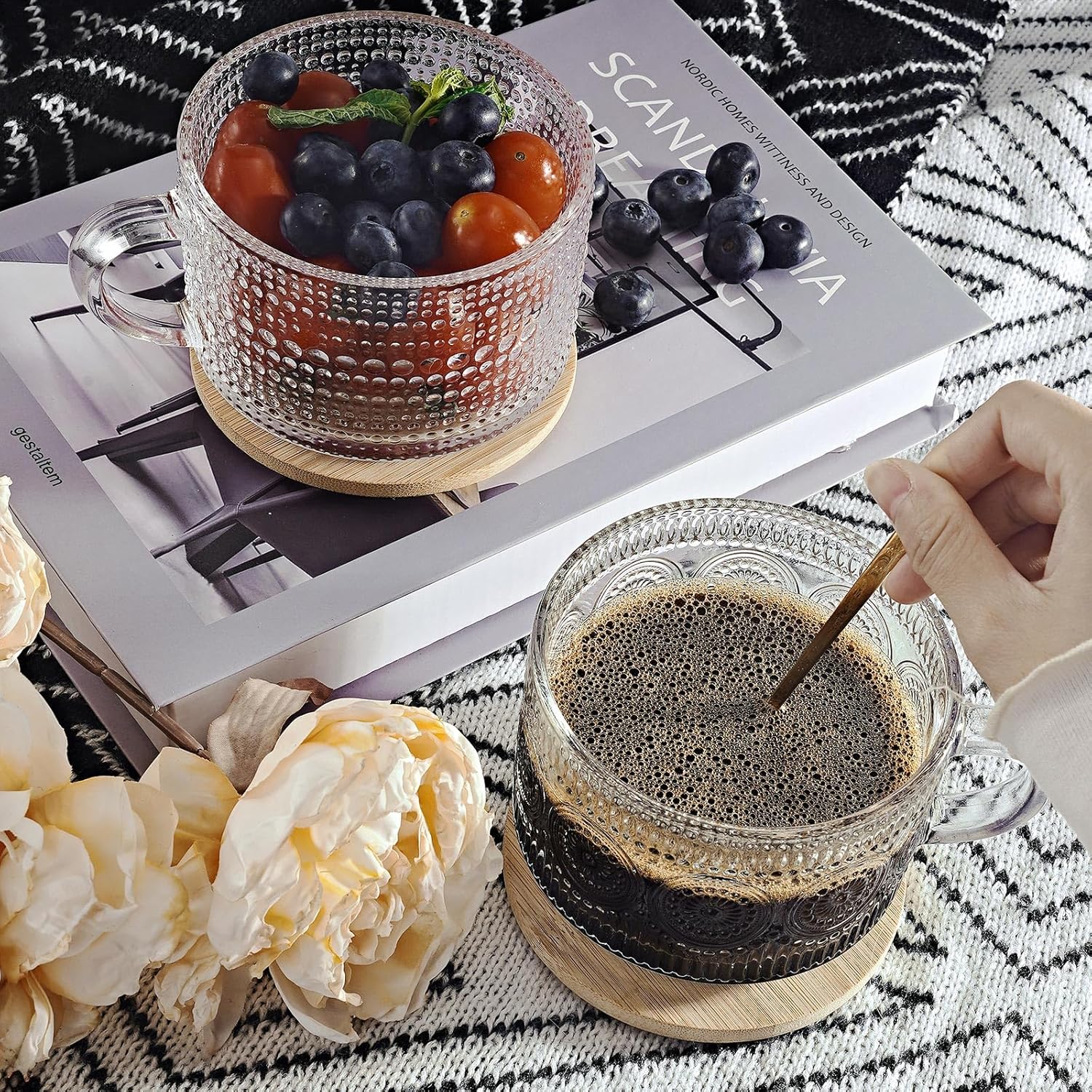 2 tazas de café vintage, recipientes de avena de 15 onzas con tapas de bambú y cucharas, tazas de café de vidrio transparente en relieve, regalos