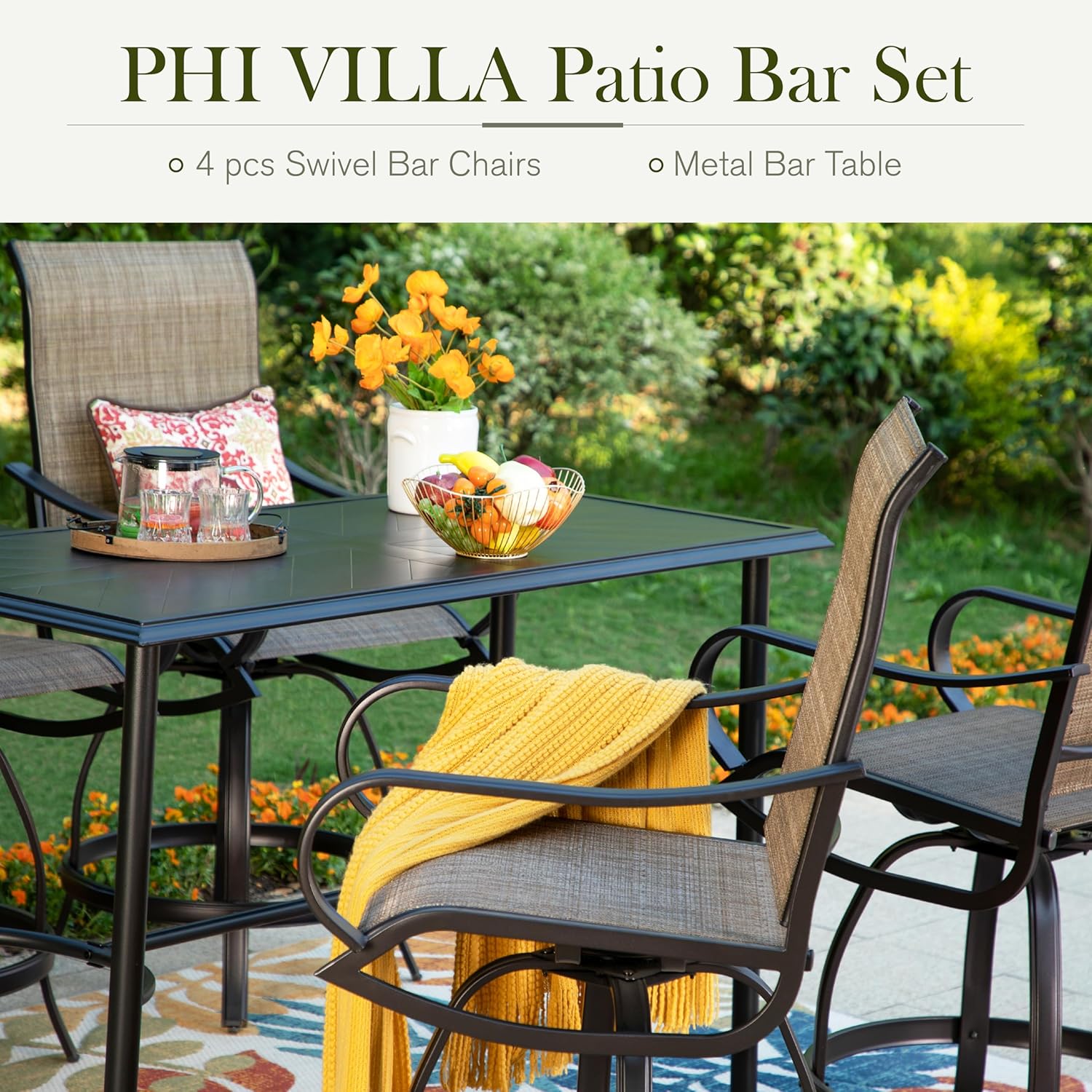 PHI VILLA Mesa de bar rectangular para patio, mesa de metal con revestimiento de altura de mostrador, resistente y duradera para patio, jardín,