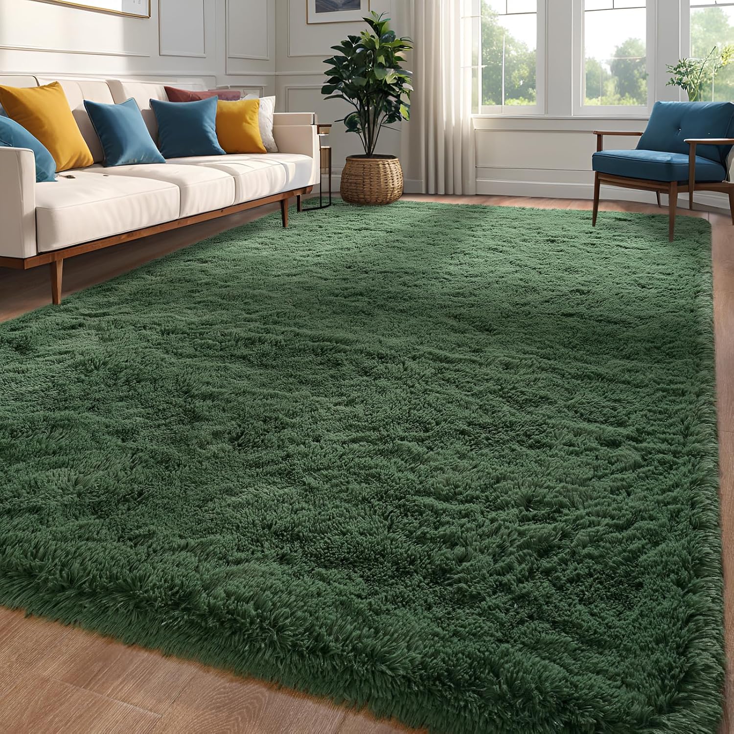 Alfombras de área de color verde oscuro, alfombra mullida para dormitorio, sala de estar, alfombras peludas de interior de 5 x 8 pies, alfombra