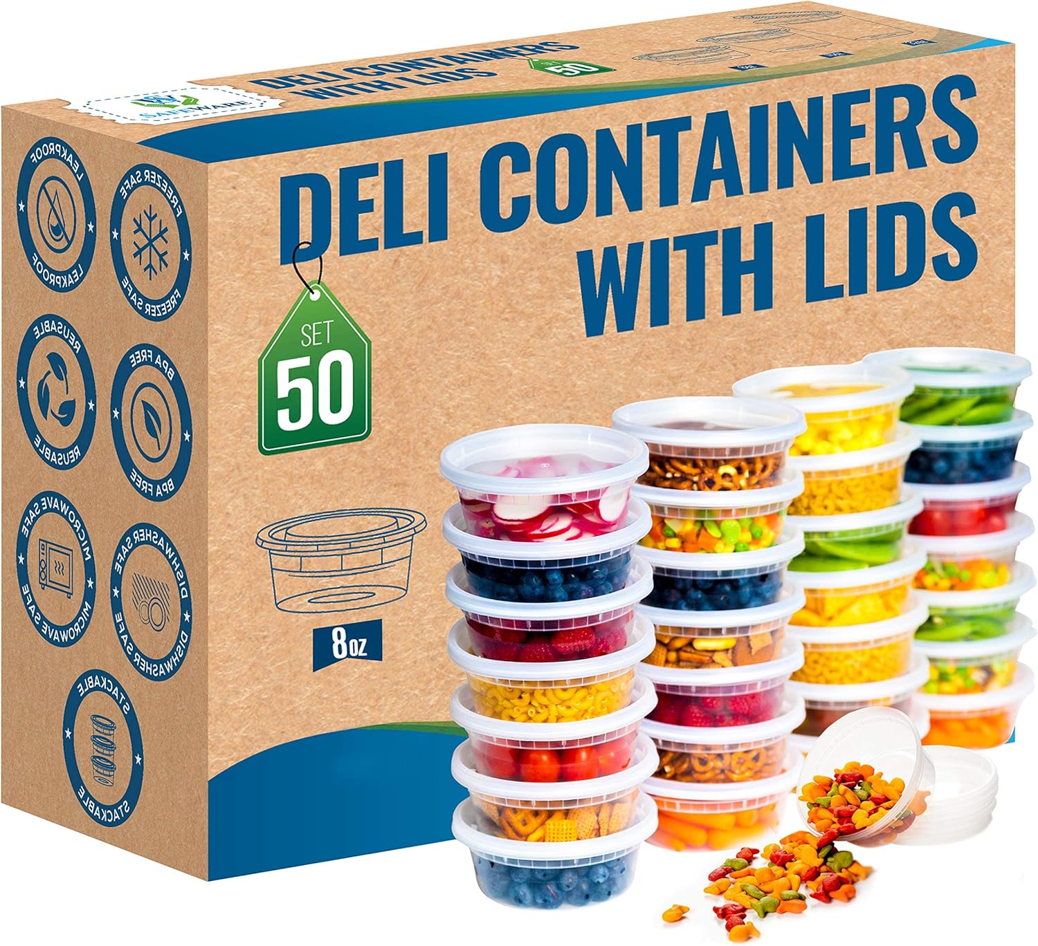 SafeWare – 50 Contenedores de plástico con tapa para almacenar alimentos