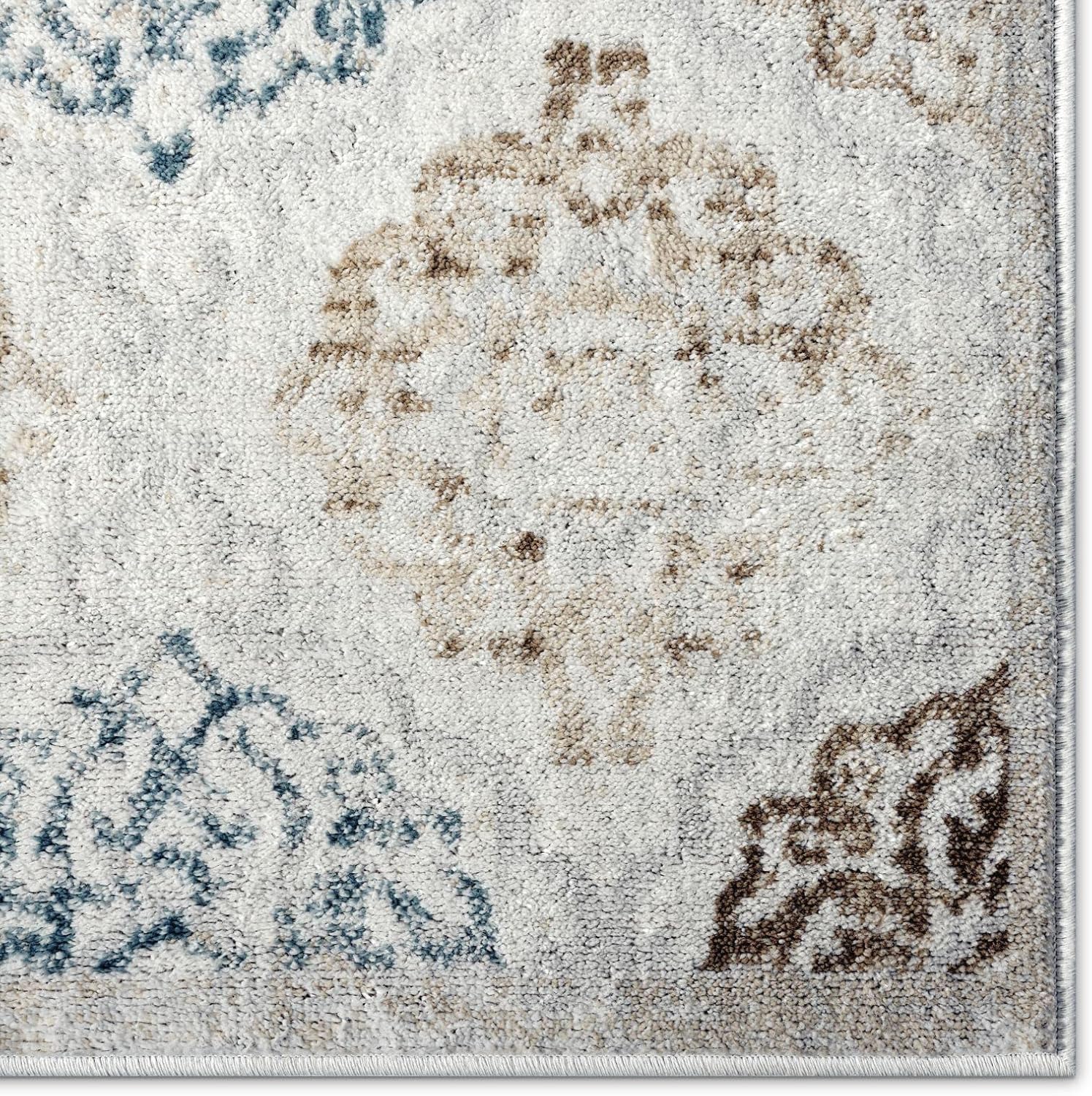 Home Dynamix – Alfombra de área transicional tipo damasco modelo Andorra estilo bohemio (color marfil y azul marino de 7pies 10pulgadas x 10pies