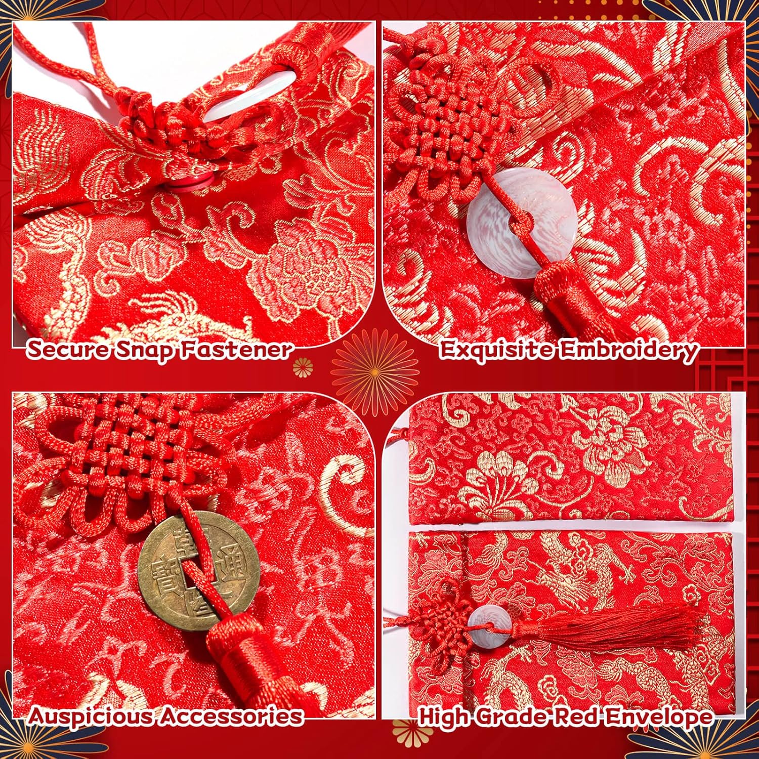 Sobres rojos de seda para boda, 12 sobres de dinero de la suerte, sobres rojos de Año Nuevo chino, paquete rojo de Año Nuevo, sobres de tarjeta