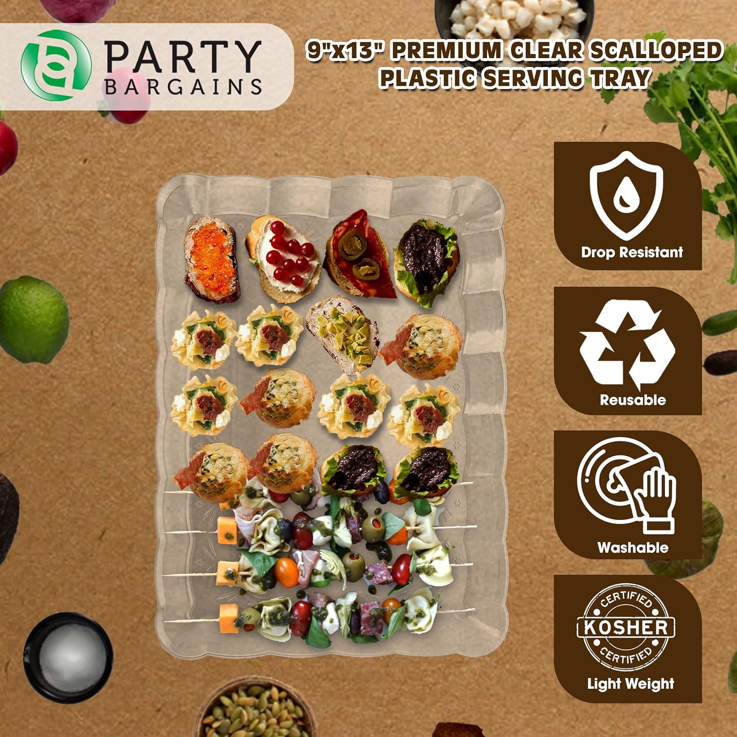 Party Bargains Bandeja de plástico para servir, 9 x 13 pulgadas, paquete de 8 platos transparentes festoneados, bandeja rectangular desechable para