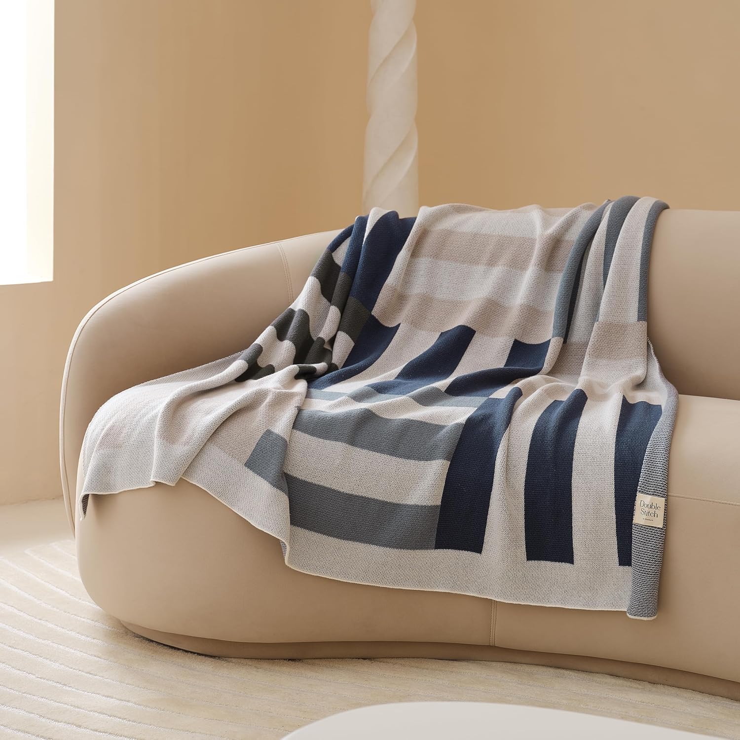 Double Stitch by Bedsure Manta para sofá  Presentada en ciencia popular, manta de algodón premium certificada por BCI, suave y lujosa manta de punto