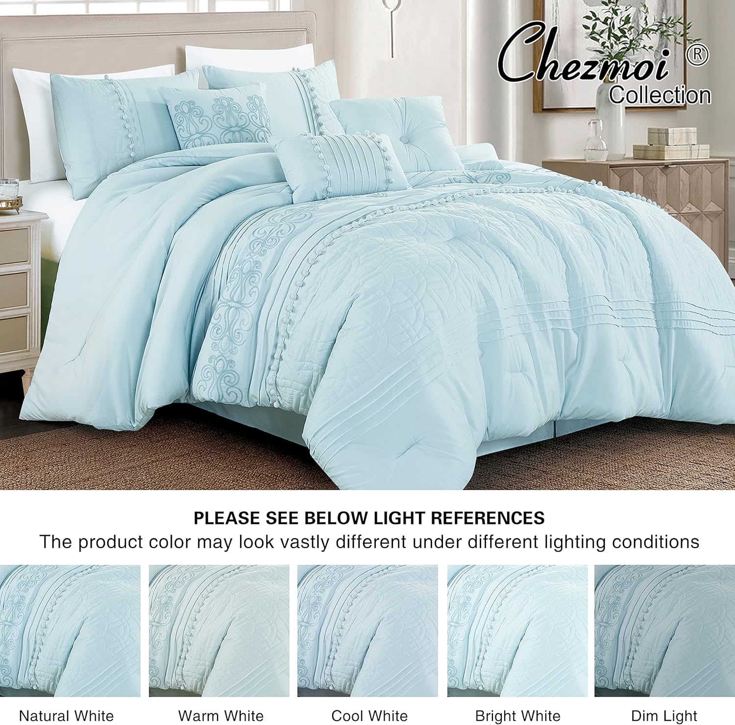 Chezmoi Collection Grace – Juego de edredón de 7 piezas, diseño floral bordado floral azul pálido con pompones, a rayas, tamaño King