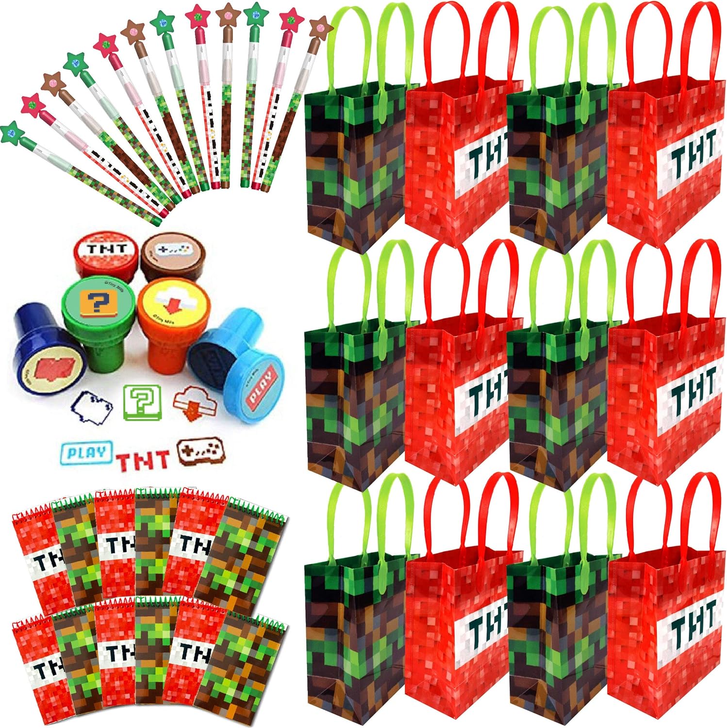 TINYMILLS Pixel Miner – Juego de 60 piezas (12 bolsas de golosinas con asas, 24 sellos de tinta automática para niños, 12 lápices multipunto, 12