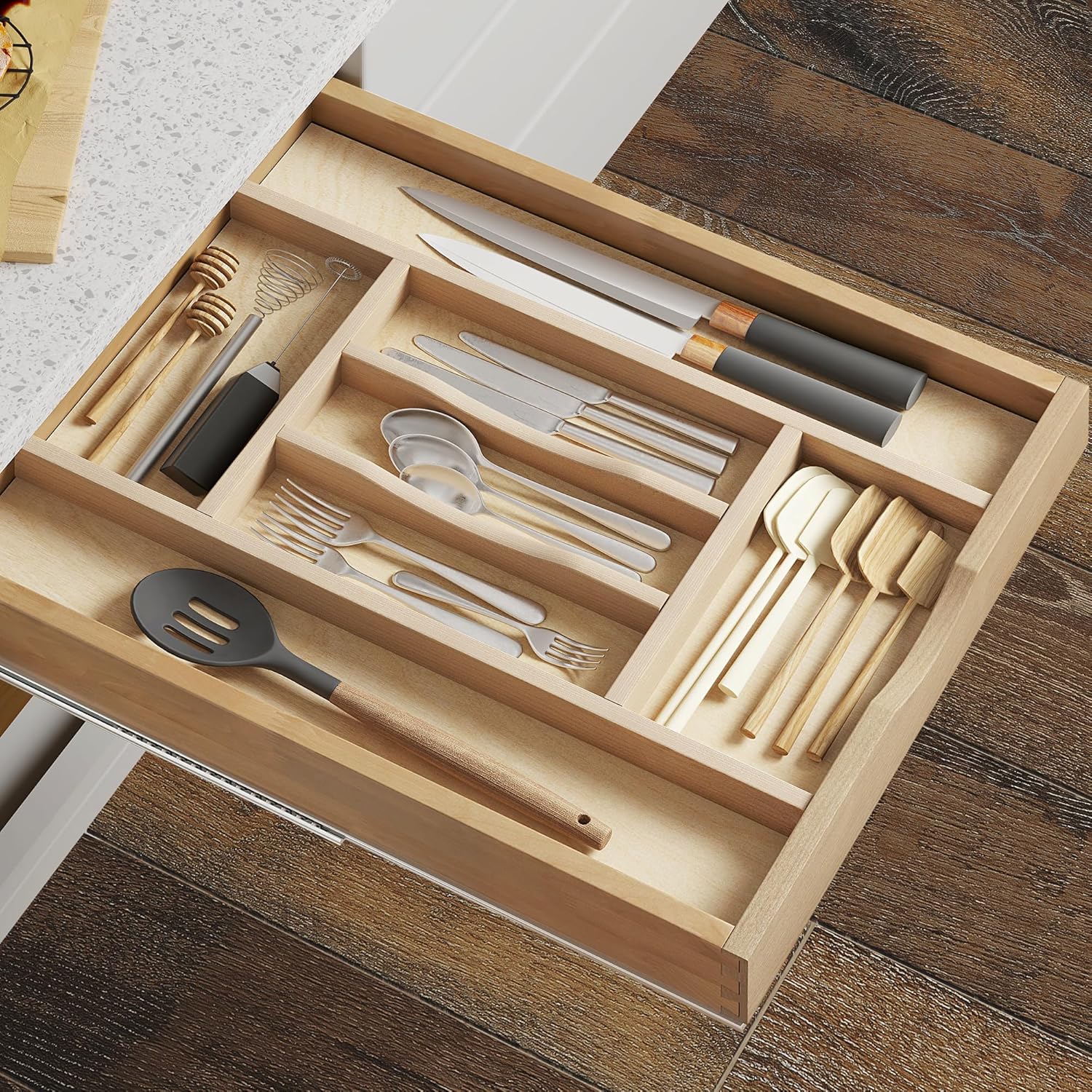 Organizador de cajones de cocina, organizador de utensilios para cajones de cocina, organizador de utensilios de cajón de madera, organizador de