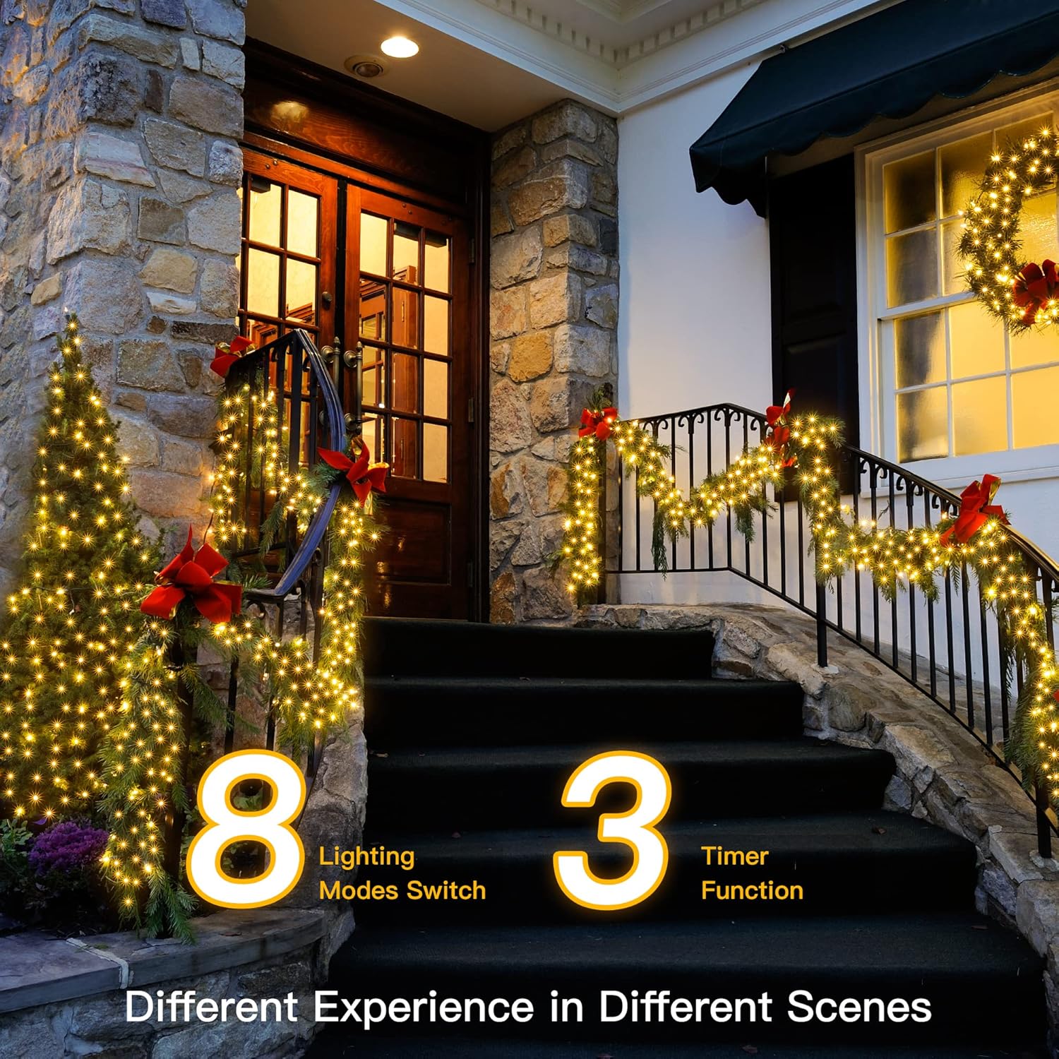 Ollny Luces en racimo para árbol de Navidad, 400 luces LED de Navidad blancas cálidas de 20 pies, 8 modos de temporizador, control remoto, cadena de