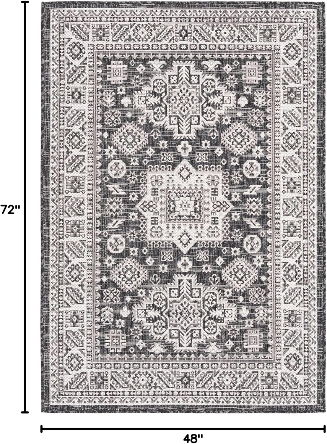 Rugs.com Outdoor Aztec Collection Alfombra  4 x 6 pies alfombra de tejido plano gris carbón perfecta para salas de estar, grandes comedores, planos