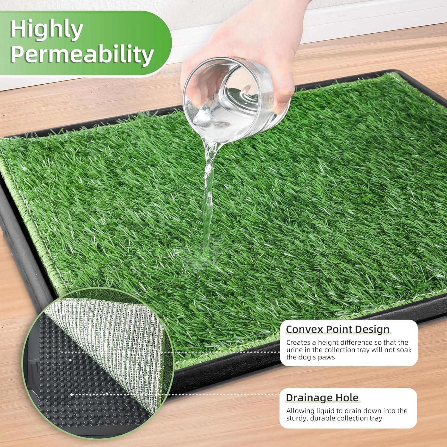 Almohadilla para orinar de perro con bandeja, 25 x 20 pulgadas, almohadilla de hierba para ir al baño de perro, reutilizable, lavable, césped